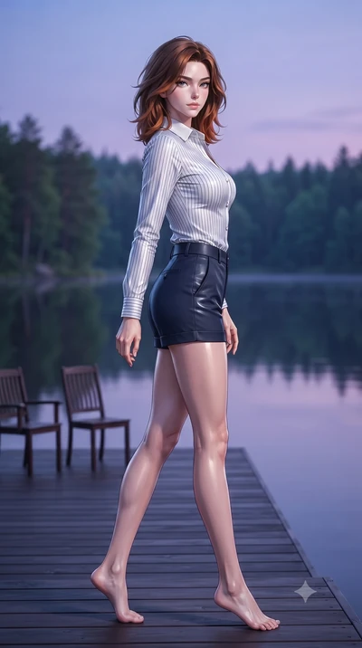 score_9, masterpiece, best quality, ultra-detailed, high-budget anime keyframe, editorial fashion photography, tasteful artistic composition, Korean woman woman. low angle full-body shot from head to toe showing her feet, filling the entire 9:16 vert