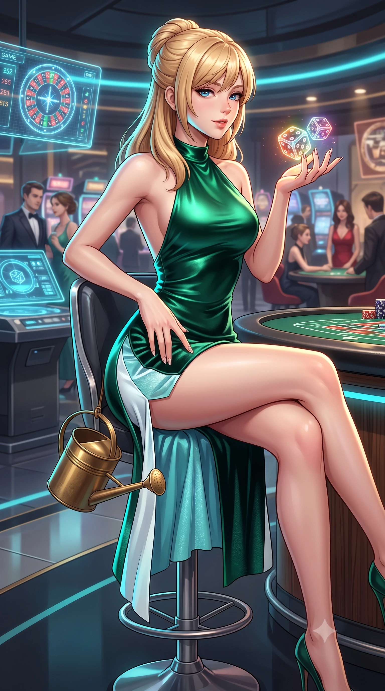 score_9, masterpiece, best quality, ultra-detailed, high-budget anime keyframe, semi-realistic 3D game render, editorial fashion photography, tasteful artistic composition, Caucasian woman. close-up cowboy shot from the waist and thighs up, the character dominates the composition, filling the frame with her large presence. tilting her head with a teasing half-smile, running one hand slowly down the side of her hip in a flirtatious S-curve as ambient light caresses her silhouette while perched sideways on the high barstool with legs crossed, blowing gently on glowing holographic dice held in her manicured palm. The surrounding environment is rendered in vivid detail and crisp panoramic clarity: detailed second-skin mesh bodysuit cling, glossy parted lips, and high-tech casino mechanics in high resolution. She has an exceptionally elegant, slender, and willowy female figure with an ultra-slim waist, flat toned midriff, narrow ribcage, and sculpted feminine hips creating an alluring, slim hourglass silhouette without bulk. sharp v-shaped jawline, high-bridge nose, sparkling eyes with hypnotic seductive depth, thick curled eyelashes, glossy parted lips with a natural dewy peach sheen, alluring bedroom-eyes with an enchanting coquettish smile, exuding magnetic siren charisma and sophisticated glamour, flawlessly proportioned anatomical accuracy, strict slender model proportions, natural body alignment, perfectly sculpted long slender limbs, ultra-slim waistline, clean dynamic posture without body distortion. wearing a slinky backless halterneck column mini dress in shimmering liquid emerald satin with deep side leg slits in celestial water-lily white and shimmering aquamarine, tailored from ultra-plush velvet with rich tactile depth and deep shadow gradients, finished with an antique brass watering can held casually at her side, the precision-cut side openings and low-back scoop framing her graceful spine and the sensual sweep of her slim, toned hips. illuminated by holographic glow fill and sharp electric-cyan rim lights defining her razor-sharp jawline, narrow waist, and curvy hips. highly saturated vibrant anime colors, detailed shading with soft gradients, rich glossy textures, high-contrast stereoscopic depth, volumetric dynamic lighting, master piece, 9:16 ratio