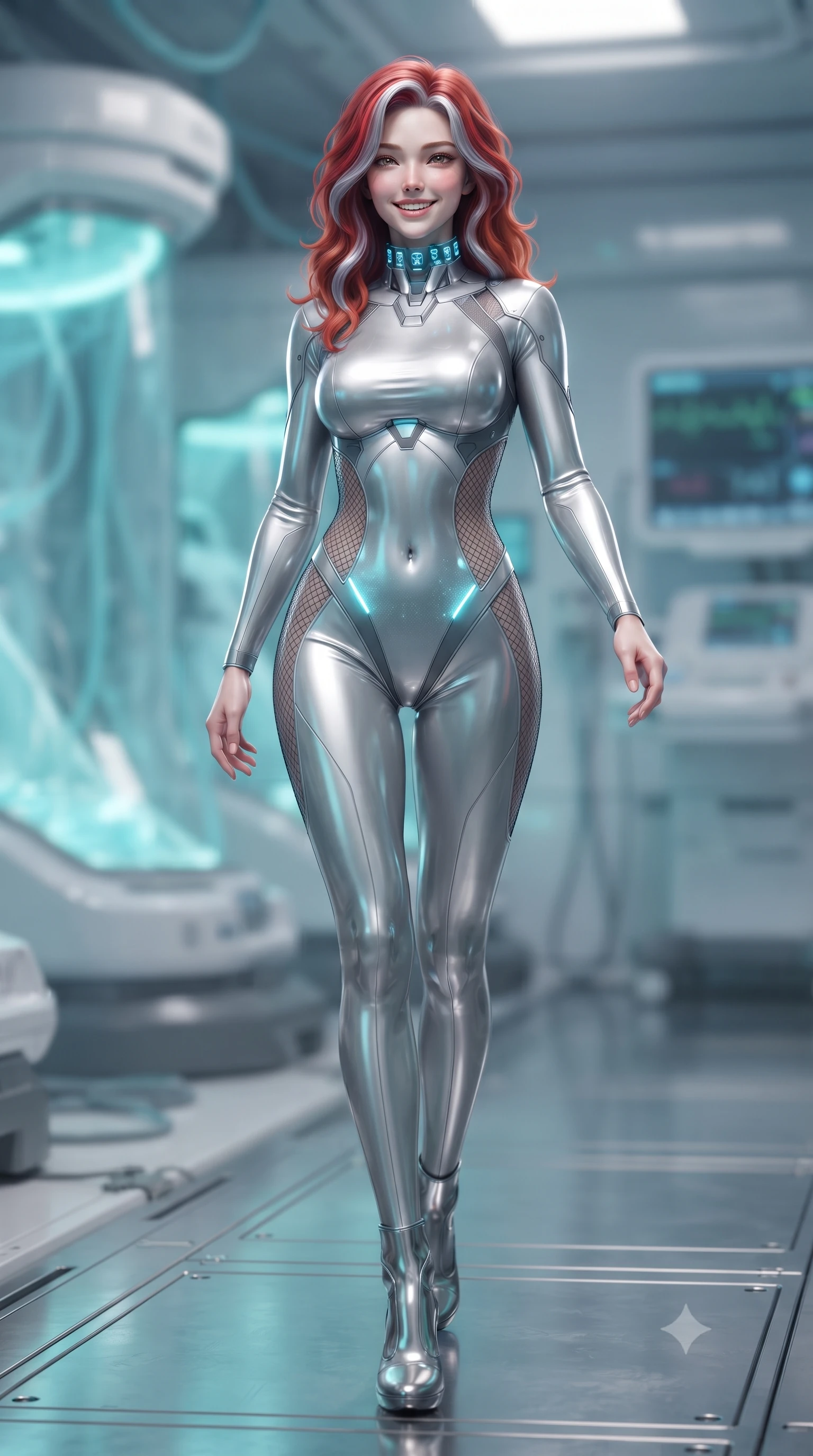 score_9, masterpiece, best quality, ultra-detailed, high-budget anime keyframe, editorial fashion photography, tasteful artistic composition, Caucasian woman. low angle full-body shot from head to toe showing her feet, filling the entire 9:16 vertical frame with her statuesque presence, stretching her vertical silhouette. striding forward gracefully across the reflective metal deck in mid-motion with a radiant beaming smile, hips swaying in an alluring kinetic rhythm that accentuates her curvy hourglass silhouette and long slender legs while twisting her slender torso in an alluring S-curve, sub-zero cyan luminescence dancing across her flat midriff and rounded feminine hips. The background shows a soft-focus overhead cryogenic coolant lines and digital vital signs monitors softened in eerie sci-fi medical shallow focus. She has an absolutely perfect, statuesque 8.5-heads proportion, an exceptionally tall and slender model-like female figure with impossibly long slender legs, an ultra-slim waist, a flat toned midriff, narrow delicate ribcage, and beautifully sculpted feminine hips creating a graceful, slim hourglass silhouette without any bulky heaviness. sharp v-shaped jawline, high-bridge nose, intricate jewel-like sparkling eyes with depth, thick eyelashes, glossy parted lips with a natural sheen, bright confident smile with an enchanting and coquettish sensual glint, exuding both youthful magnetic charm and sovereign high-tech allure, flawlessly proportioned anatomical accuracy, strict slender model proportions, natural body alignment, perfectly sculpted long slender limbs, ultra-slim waistline, clean dynamic posture without body distortion. wearing a futuristic cut-out nano-suit with diamond-shaped side-torso mesh insets tracing her slim hourglass curves in reflective liquid mercury and matte phantom grey, crafted from sheer technical cyber-lace reinforced with ultra-thin Kevlar threads, complemented by a high-tech holographic choker projecting miniature glyphs, the liquid-tight tailored fabric clinging flawlessly to her narrow waist and rounded feminine hips, emphasizing every millimeter of her sculpted slim hourglass curves without any bulky heaviness. bathed in soft icy cyan and pale aquamarine glow emitted from stasis pod interiors. ultra-reflective glossy finish, specular highlights, rich textural contrasts, high-contrast stereoscopic depth, volumetric dynamic lighting, 2k, ultra detail, master piece, 9:16 ratio