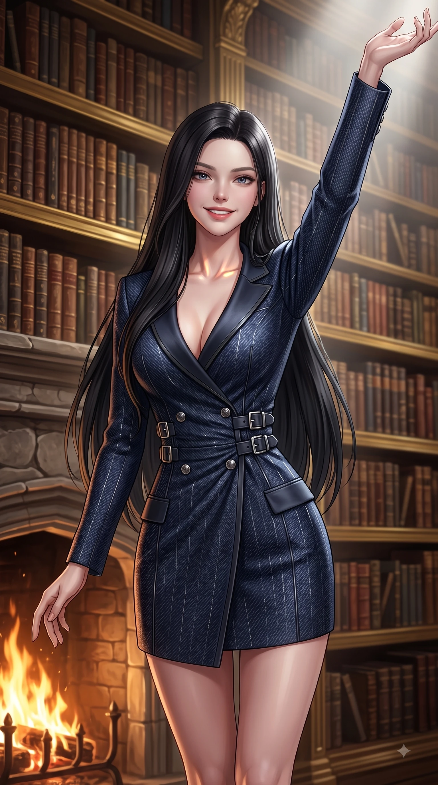 score_9, masterpiece, best quality, ultra-detailed, high-budget anime keyframe, editorial fashion photography, tasteful artistic composition, Korean woman. close-up cowboy shot from the waist and thighs up, the character dominates the composition, filling the frame with her large presence, background elements kept in soft focus. Extending one arm in an elegant stretch toward the light while smiling with magnetic self-assurance while resting near a grand stone fireplace as warm amber hearth light traces her graceful clavicle, thousands of antique leather-bound books stacked along majestic golden shelves. She has an exceptionally elegant, slender, and willowy female figure with an ultra-slim waist, a gracefully sculpted slender torso, and a refined silhouette. sharp v-shaped jawline, high-bridge nose, intricate jewel-like eyes with depth, thick eyelashes, glossy lips with a natural sheen, flawlessly proportioned anatomical accuracy, natural body alignment, perfectly sculpted elegant limbs, clean dynamic posture without body distortion. wearing a double-breasted blazer dress with subtle metallic pin-stripes in midnight navy blue and chrome trim, made of fine carbon-fiber weave and soft matte leather, detailed with polished silver buckles along the waistline, the elegant draped fit framing her graceful clavicle and slender torso. illuminated by a dramatic key light casting elegant chiaroscuro shadows. ultra-reflective glossy finish, specular highlights, metallic sheen, high-contrast stereoscopic depth, volumetric dynamic lighting, 2k, ultra detail, master piece, 9:16 ratio