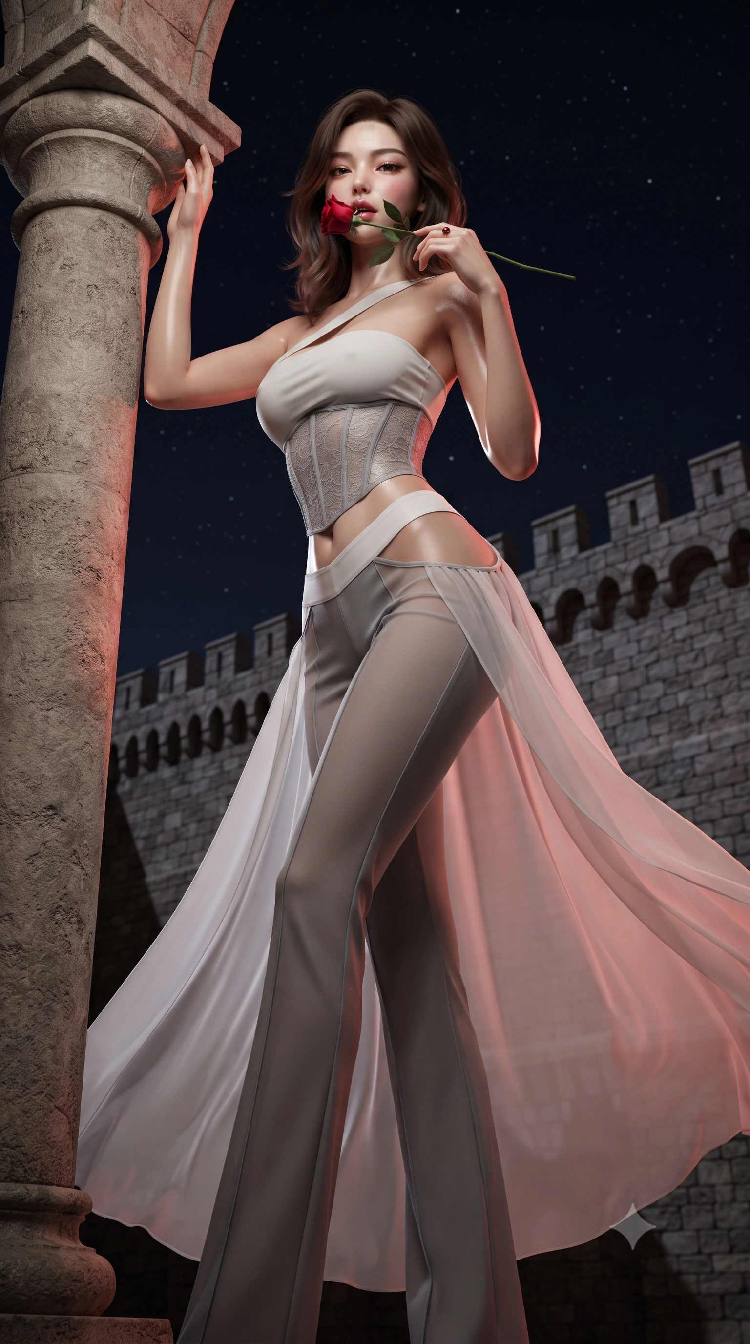 score_9, masterpiece, best quality, ultra-detailed, high-budget anime keyframe, editorial fashion photography, tasteful artistic composition, Korean woman. low angle full-body shot from head to toe showing her feet, filling the entire 9:16 vertical frame with her statuesque presence, stretching her vertical silhouette. standing tall beside the architectural column, one hand resting high while arching her lower back to emphasize her sculpted feminine hips and slender waist while twisting her slender torso in an alluring contrapposto stance, night winds billowing her sheer silk train around her long slender legs and curvy hips. The surrounding environment is rendered in vivid detail and crisp panoramic clarity: detailed lace corset bodice texture, ruby ring gleam, and medieval fortification masonry in razor-sharp precision. She has an absolutely perfect, statuesque 8.5-heads proportion, an exceptionally tall and slender model-like female figure with impossibly long slender legs, an ultra-slim waist, a flat toned midriff, narrow delicate ribcage, and beautifully sculpted feminine hips creating a graceful, slim hourglass silhouette without any bulky heaviness. sharp v-shaped jawline, high-bridge nose, sparkling eyes with hypnotic seductive depth, thick curled eyelashes, glossy parted lips with a natural dewy peach sheen, alluring bedroom-eyes with an enchanting coquettish smile, exuding magnetic siren charisma and sophisticated glamour, flawlessly proportioned anatomical accuracy, strict slender model proportions, natural body alignment, perfectly sculpted long slender limbs, ultra-slim waistline, clean dynamic posture without body distortion. wearing a form-contouring one-shoulder minimalist bandeau top paired with low-rise tailored trousers with sheer hip cutouts in architectural titanium grey and pure milk white, made of sheer gossamer chiffon that drapes softly against skin with airy translucence, accented with a single fresh-cut long-stemmed crimson rose held delicately near her parted lips, the precision-cut side openings and low-back scoop framing her graceful spine and the sensual sweep of her slim, toned hips. illuminated by stone parapet reflection fill and sharp deep-crimson rim lights sculpting her jawline, flat midriff, and curvy hips. ultra-reflective glossy finish, specular highlights, rich textural contrasts, high-contrast stereoscopic depth, volumetric dynamic lighting, 2k, ultra detail, master piece, 9:16 ratio