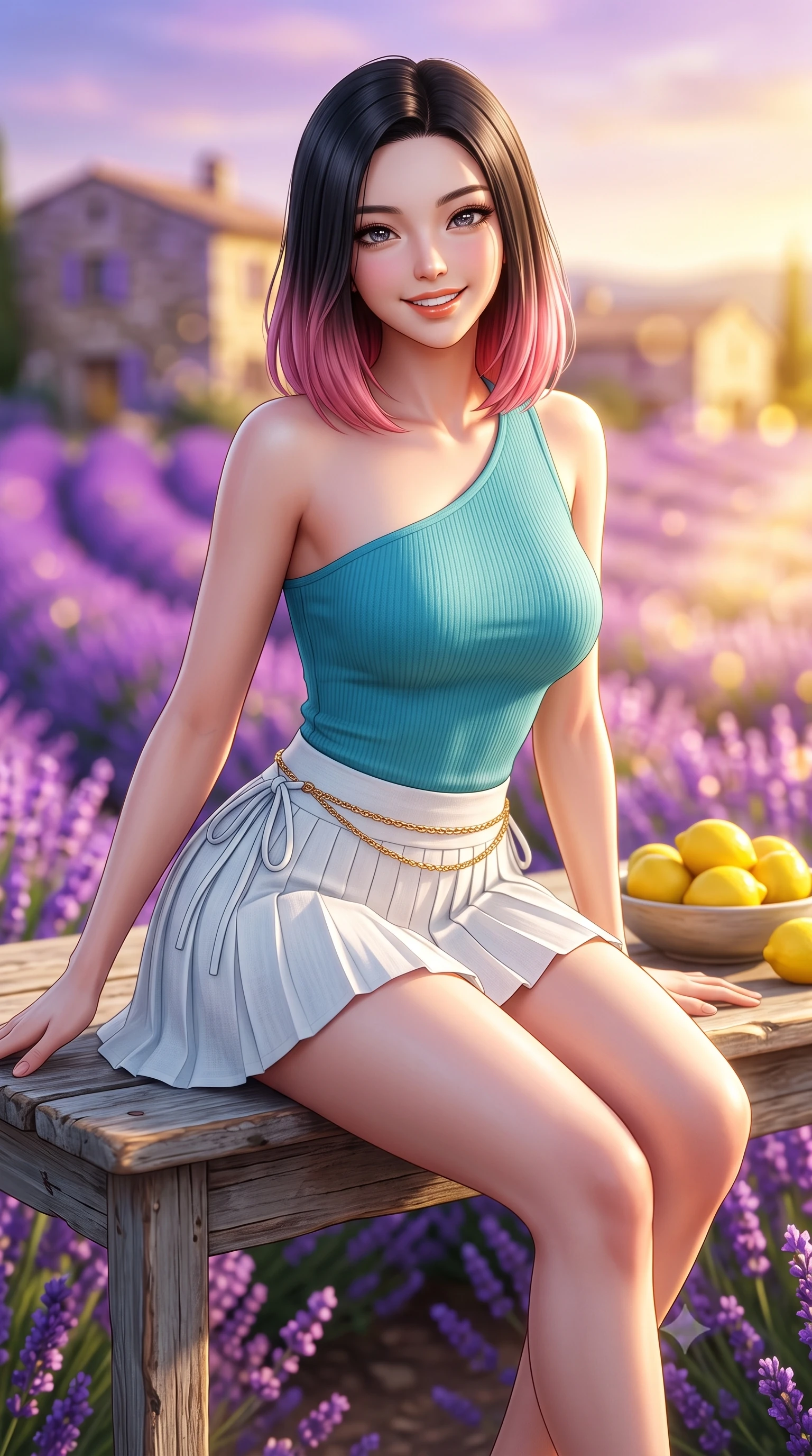 score_9, masterpiece, best quality, ultra-detailed, high-budget anime keyframe, semi-realistic 3D game render, editorial fashion photography, tasteful artistic composition, Korean woman. close-up cowboy shot from the waist and thighs up, the character dominates the composition, filling the frame with her large presence. leaning forward with playful cute grace while arching her lower back to accentuate her curvy hips, looking into the camera with a bright cheerful smile and alluring coquettish bedroom-eyes while sitting perched on a weathered wooden table beside a bowl of fresh yellow lemons, her long slender legs and curvy hips framed by blooming fields. The composition keeps background elements in soft focus with dreamy creamy bokeh. undulating purple lavender rows and ancient stone farmhouses blurred into radiant violet, lilac, and golden honey bokeh. She has an exceptionally elegant, slender, and willowy female figure with an ultra-slim waist, flat toned midriff, narrow ribcage, and sculpted feminine hips creating an alluring, slim hourglass silhouette without bulk. sharp v-shaped jawline, high-bridge nose, intricate jewel-like sparkling eyes with depth, thick eyelashes, glossy parted lips with a natural peach sheen, bright cheerful beaming smile with an enchanting and coquettish sensual glint, exuding both youthful cute charm and seductive allure, flawlessly proportioned anatomical accuracy, strict slender model proportions, natural body alignment, perfectly sculpted long slender limbs, ultra-slim waistline, clean dynamic posture without body distortion. wearing an asymmetrical one-shoulder ribbed top paired with a micro-pleated skirt with side hip ties in ocean turquoise and sea-salt white, crafted from soft breathable linen with effortless natural drape, accented with a delicate gold chain belt resting loosely on her curvy hips, the high-waisted tailoring accentuating her ultra-slim waistline and the enchanting curve of her feminine hips with alluring charm. bathed in brilliant golden hour southern French sunlight streaming across the purple hillside. highly saturated vibrant anime colors, detailed shading with soft gradients, rich glossy textures, high-contrast stereoscopic depth, volumetric dynamic lighting, master piece, 9:16 ratio