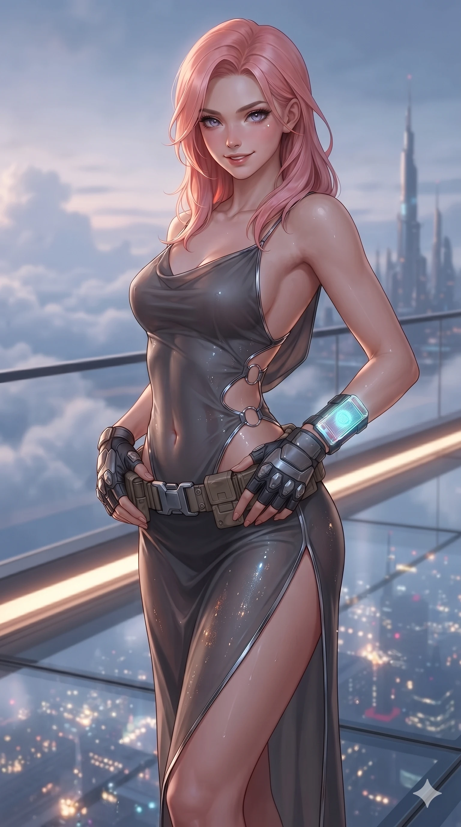 score_9, masterpiece, best quality, ultra-detailed, high-budget anime keyframe, editorial fashion photography, tasteful artistic composition, Japanese woman. close-up cowboy shot from the waist and thighs up, the character dominates the composition, filling the frame with her large presence. resting both hands lightly on her tactical utility belt, arching her spine to highlight her narrow waist, flat midriff, and breathtaking collarbones while twisting her slender torso in an alluring contrapposto stance, shimmering city light reflections tracing her narrow waist and curvy hips through the transparent glass floor. The background shows a soft-focus high-altitude clouds softened in sci-fi diplomatic promenade shallow focus. She has an exceptionally elegant, slender, and willowy female figure with an ultra-slim waist, flat toned midriff, narrow ribcage, and sculpted feminine hips creating an alluring, slim hourglass silhouette without bulk. sharp v-shaped jawline, high-bridge nose, intricate jewel-like sparkling eyes with depth, thick eyelashes, glossy parted lips with a natural sheen, bright confident smile with an enchanting and coquettish sensual glint, exuding both youthful magnetic charm and sovereign high-tech allure, flawlessly proportioned anatomical accuracy, strict slender model proportions, natural body alignment, perfectly sculpted long slender limbs, ultra-slim waistline, clean dynamic posture without body distortion. wearing a form-contouring gossamer cyber-chiffon flight slip with a hip-high slit and open cowl back clinging with dewy moisture in charcoal grey and polished chrome, adorned with delicate chrome ring hardware and cutouts along her slender waist, complemented by fingerless armored tactical gloves and a glowing holographic wrist terminal, the high-slit tactical tailoring accentuating her ultra-slim waistline and the enchanting curve of her feminine hips with alluring seductive charm. bathed in the ethereal twilight skyglow combined with warm under-rail LED strip lighting and glittering city reflections from below. ultra-reflective glossy finish, specular highlights, rich textural contrasts, high-contrast stereoscopic depth, volumetric dynamic lighting, 2k, ultra detail, master piece, 9:16 ratio