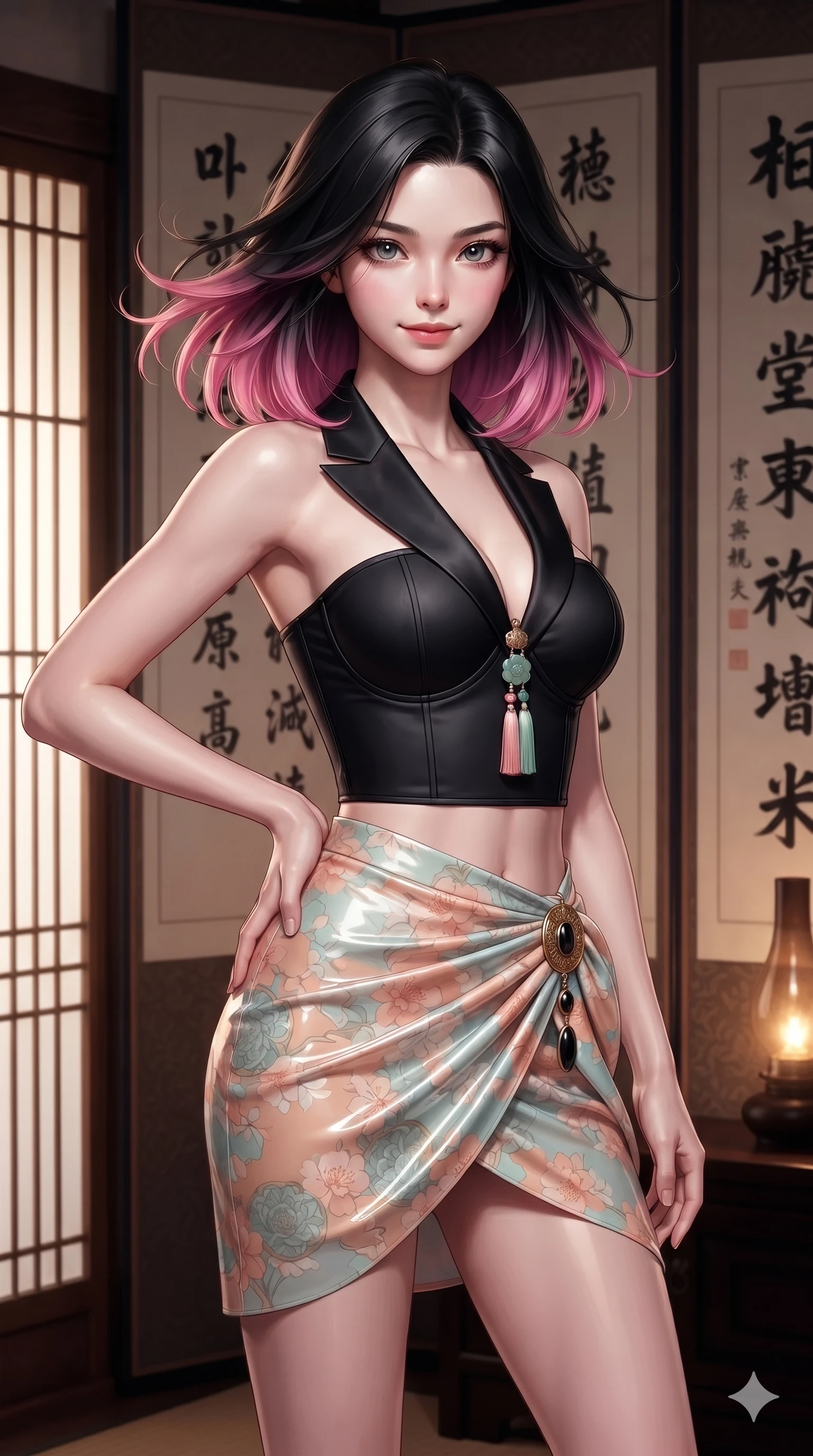 score_9, masterpiece, best quality, ultra-detailed, high-budget anime keyframe, editorial fashion photography, tasteful artistic composition, Korean woman. close-up cowboy shot from the waist and thighs up, the character dominates the composition, filling the frame with her large presence. turning slowly with an enchanting smoldering smile, her glossy hair tossing in the breeze as her hips angle gracefully in a captivating contrapposto while standing tall between towering hanging ink calligraphy scrolls, one hand on her hip as she looks into the lens with smoldering intensity. The surrounding environment is rendered in vivid detail and crisp panoramic clarity: detailed tailored onyx tux dress drape, fine silk lapel sheen, and traditional woodwork in razor-sharp precision. She has an exceptionally elegant, slender, and willowy female figure with an ultra-slim waist, flat toned midriff, narrow ribcage, and sculpted feminine hips creating an alluring, slim hourglass silhouette without bulk. sharp v-shaped jawline, high-bridge nose, sparkling eyes with hypnotic seductive depth, thick curled eyelashes, glossy parted lips with a natural dewy peach sheen, alluring bedroom-eyes with an enchanting coquettish smile, exuding magnetic siren charisma and sophisticated glamour, flawlessly proportioned anatomical accuracy, strict slender model proportions, natural body alignment, perfectly sculpted long slender limbs, ultra-slim waistline, clean dynamic posture without body distortion. wearing a structured underwire silk bustier top with norigae accents paired with a high-cut draped sarong mini wrap in pastel peach blossom and celadon porcelain blue, crafted from wet-look high-gloss vinyl fabric with dazzling specular surface reflections, accented with an authentic engraved gold medallion and obsidian cabochons, the form-contouring silhouette accentuating her sculpted flat midriff, narrow delicate ribcage, and gracefully curvy hips with intoxicating allure. bathed in soft diffuse light filtering through paper shoji screens and warm oil lamp glow. ultra-reflective glossy finish, specular highlights, rich textural contrasts, high-contrast stereoscopic depth, volumetric dynamic lighting, 2k, ultra detail, master piece, 9:16 ratio