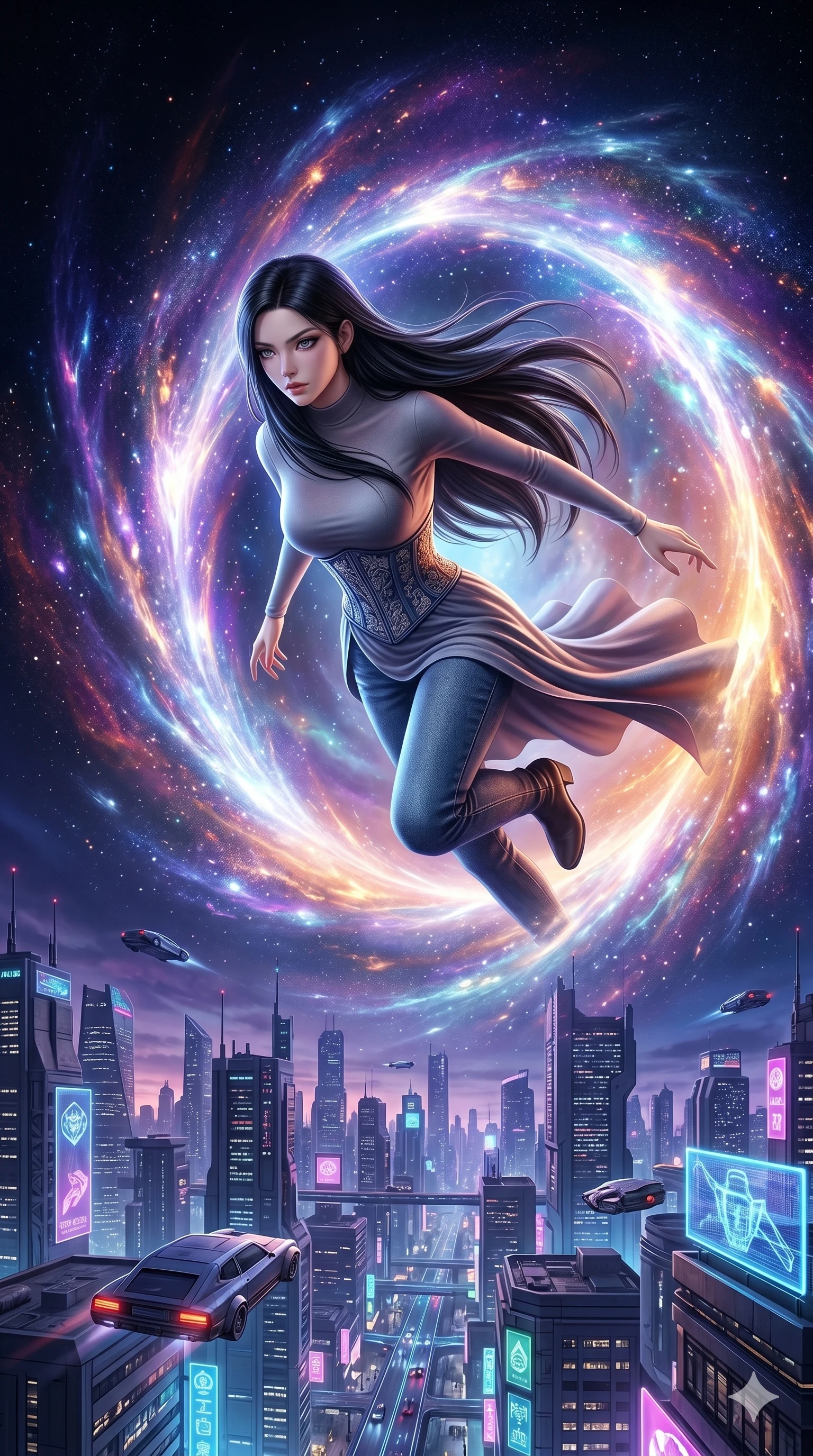 score_9, masterpiece, best quality, ultra-detailed, Set A: Photorealistic 8k CG, Japanese woman. Low angle cowboy shot filling the entire 9:16 frame with her statuesque presence. Leaping through a portal made of swirling light and color into a futuristic city. She has an absolutely perfect 8-heads proportion, an exceptionally tall and slender female figure with elegant long slender legs and an slender waist. Sharp v-shaped jawline, high-bridge nose, intricate jewel-like eyes with depth, thick eyelashes, glossy lips. Wearing an Urban Trendsetter outfit: elegant form-fitting dress with high-waist denim and ornate corset. Background is a bright and colorful transition between a cosmic void and a neon-lit metropolis. 2k, ultra detail, master piece, 9:16 ratio