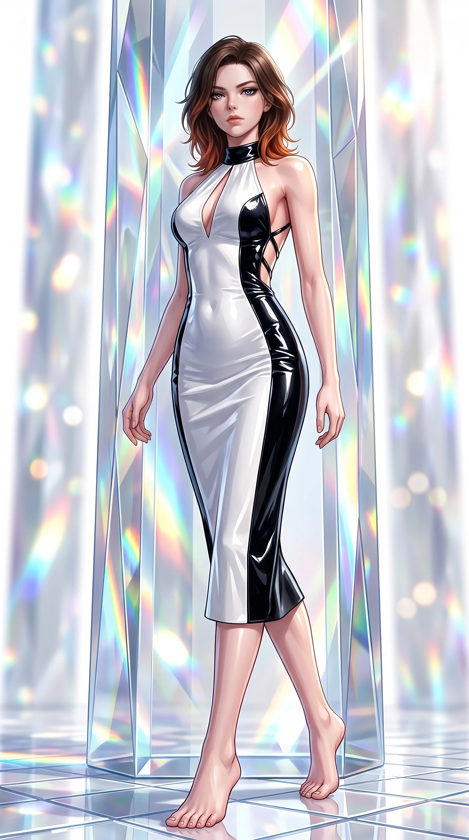 score_9, masterpiece, best quality, ultra-detailed, high-budget anime keyframe, semi-realistic 3D game render, editorial fashion photography, tasteful artistic composition, Korean woman. low angle full-body shot from head to toe showing her feet, filling the entire 9:16 vertical frame with her statuesque presence, stretching her vertical silhouette. striding forward in a proud, statuesque motion with a dangerous smolder, her vertical silhouette dominating the frame from head to toe while leaning against a towering optical crystal pillar with a haughty, smoldering gaze amidst pure white daylight. The composition keeps background elements in soft focus with creamy bokeh. vibrant rainbow spectrum light beams and crystal facets blurred into dazzling prismatic bokeh. She has an absolutely perfect, statuesque 8.5-heads proportion, an exceptionally tall and slender model-like female figure with impossibly long slender legs, a toned flat midriff, and an ultra-slim waist. sharp v-shaped jawline, high-bridge nose, intricate jewel-like eyes with depth, thick eyelashes, glossy lips with a natural sheen, flawlessly proportioned anatomical accuracy, strict slender model proportions, natural body alignment, perfectly sculpted long slender limbs, ultra-slim waistline, clean dynamic posture without body distortion. wearing a velvet halter-neck midi dress fitting her statuesque contour flawlessly with a Tasteful chest slit and open spine in high-gloss monochrome white and sharp black contrast, formed from high-gloss patent material with specular light reflections, complemented by criss-cross back straps highlighting her completely bare spine, the liquid-tight tailored fabric emphasizing every curve of her tall, slender model proportions and sculptured silhouette during dynamic movement. surrounded by a hyper-creative, radiant, and fiercely chic modern fashion editorial aura. highly saturated vibrant anime colors, detailed shading with soft gradients, rich glossy textures, high-contrast stereoscopic depth, volumetric dynamic lighting, master piece, 9:16 ratio