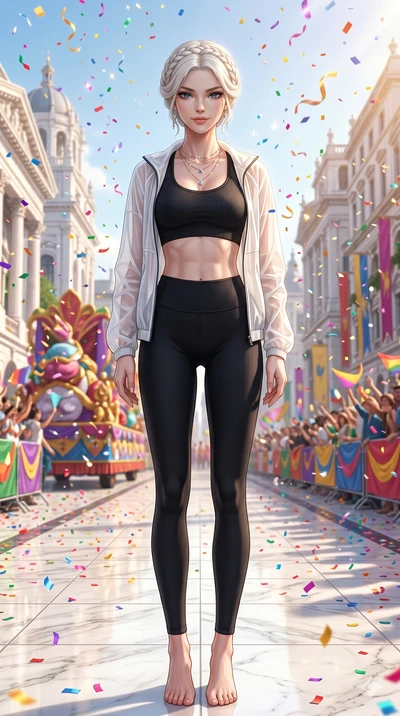 score_9, masterpiece, best quality, ultra-detailed, Set A: Photorealistic 8k CG, Japanese woman. Low angle cowboy shot filling the entire 9:16 frame with her statuesque presence. Standing in a rain of colorful confetti on a grand parade in a white ma