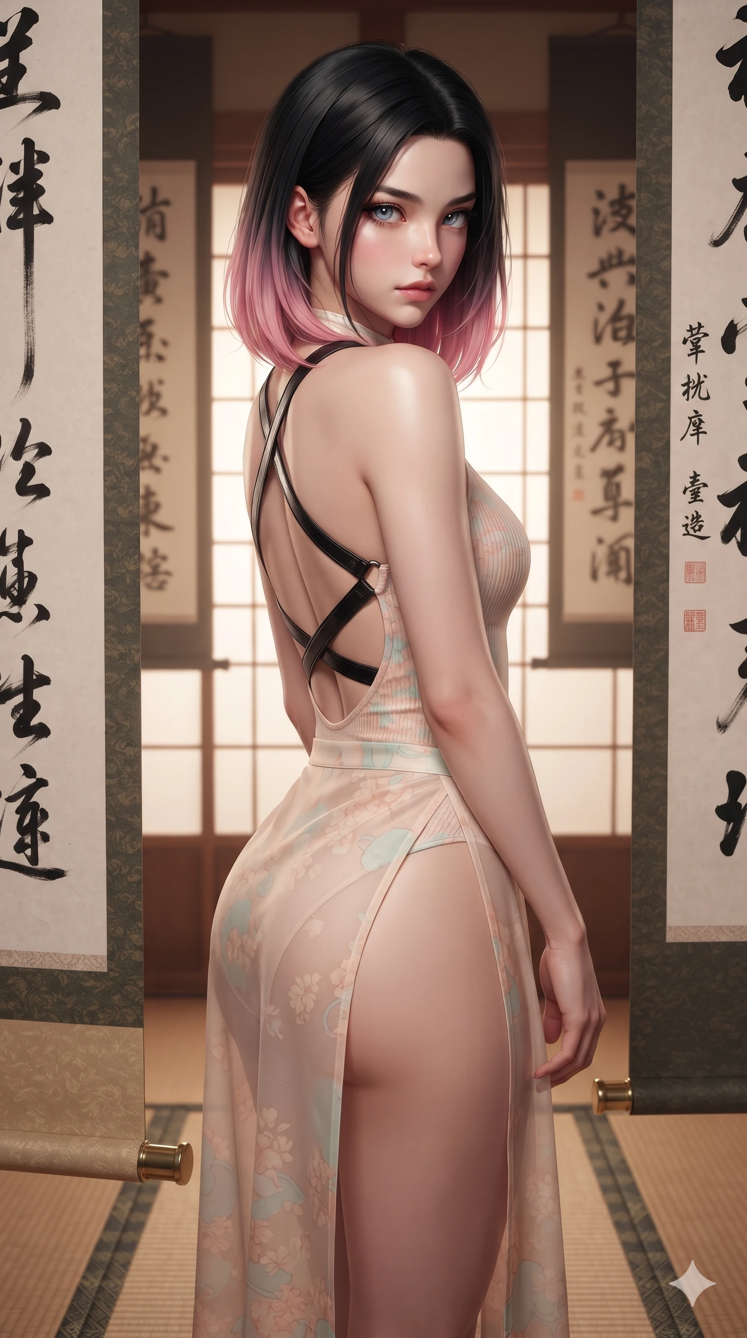 score_9, masterpiece, best quality, ultra-detailed, high-budget anime keyframe, editorial fashion photography, tasteful artistic composition, Korean woman. close-up cowboy shot from the waist and thighs up, the character dominates the composition, filling the frame with her large presence. twisting her slender torso in a deep contrapposto stance, hips dramatically shifted to accentuate her feminine curves while looking past her shoulder with smoldering bedroom-eyes while standing tall between towering hanging ink calligraphy scrolls, one hand on her hip as she looks into the lens with smoldering intensity. The surrounding environment is rendered in vivid detail and crisp panoramic clarity: sharp ink stroke textures on mulberry paper, woven tatami edge binding, and polished brass scroll weights in deep focus. She has an exceptionally elegant, slender, and willowy female figure with an ultra-slim waist, flat toned midriff, narrow ribcage, and sculpted feminine hips creating an alluring, slim hourglass silhouette without bulk. sharp v-shaped jawline, high-bridge nose, sparkling eyes with hypnotic seductive depth, thick curled eyelashes, glossy parted lips with a natural dewy peach sheen, alluring bedroom-eyes with an enchanting coquettish smile, exuding magnetic siren charisma and sophisticated glamour, flawlessly proportioned anatomical accuracy, strict slender model proportions, natural body alignment, perfectly sculpted long slender limbs, ultra-slim waistline, clean dynamic posture without body distortion. wearing a liquid-tight backless silk halter leotard styled with a sheer wrap overskirt revealing her hip curve in pastel peach blossom and celadon porcelain blue, tailored from fine ribbed modal knit with gentle elastic contouring and soft hand-feel, featuring an open-back criss-cross harness strap in patent black leather, the form-contouring silhouette accentuating her sculpted flat midriff, narrow delicate ribcage, and gracefully curvy hips with intoxicating allure. bathed in soft diffuse light filtering through paper shoji screens and warm oil lamp glow. ultra-reflective glossy finish, specular highlights, rich textural contrasts, high-contrast stereoscopic depth, volumetric dynamic lighting, 2k, ultra detail, master piece, 9:16 ratio