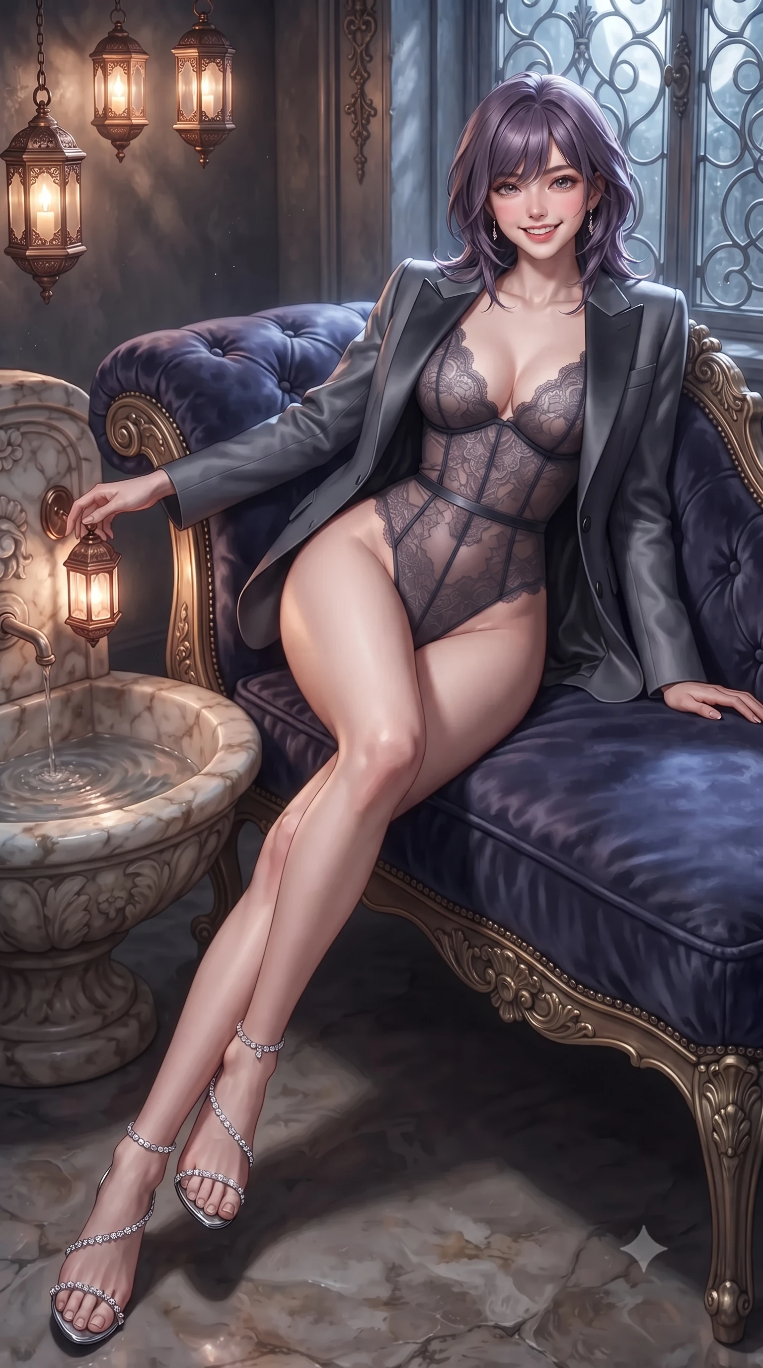 score_9, masterpiece, best quality, ultra-detailed, high-budget anime keyframe, editorial fashion photography, tasteful artistic composition, Japanese woman. low angle full-body shot from head to toe showing her feet, filling the entire 9:16 vertical frame with her statuesque presence, stretching her vertical silhouette. reclining gracefully across the plush chaise lounge with one leg extended, her sculpted silhouette and flat midriff radiating magnetic nocturnal glamour while twisting her slender torso in an alluring S-curve beside the marble water basin, gentle lantern light wrapping around her flat midriff and curvy hips. The surrounding environment is rendered in vivid detail and crisp panoramic clarity: detailed garment tailoring, delicate trims, and rustic French aristocracy craft in razor-sharp precision. She has an exceptionally tall and slender model-like 8.5-heads proportion, an ultra-slim waist, a flat toned midriff, narrow delicate ribcage, and beautifully sculpted feminine hips creating a graceful, slim hourglass silhouette without any bulky heaviness, with impossibly long slender legs. sharp v-shaped jawline, high-bridge nose, intricate jewel-like sparkling eyes with depth, thick eyelashes, glossy parted lips with a natural peach sheen, bright cheerful beaming smile with an enchanting and coquettish sensual glint, exuding both youthful cute charm and seductive allure, flawlessly proportioned anatomical accuracy, strict slender model proportions, natural body alignment, perfectly sculpted long slender limbs, ultra-slim waistline, clean dynamic posture without body distortion. wearing a delicate sheer French Chantilly lace teddy layered under an open tailored tuxedo blazer draped over bare shoulders in Mont-Saint-Michel granite slate grey and moonlit tide silver, made of fluid liquid jersey with seamless sculpting hold and smooth contours, complemented by strappy stiletto sandals with crystal ankle wraps accentuating her slender calves, the form-contouring silhouette accentuating her sculpted flat midriff, narrow delicate ribcage, and gracefully curvy hips with intoxicating allure. bathed in the warm 2500K glow of hanging copper lantern sconces combined with silver moonlight through glass. ultra-reflective glossy finish, specular highlights, rich textural contrasts, high-contrast stereoscopic depth, volumetric dynamic lighting, 2k, ultra detail, master piece, 9:16 ratio