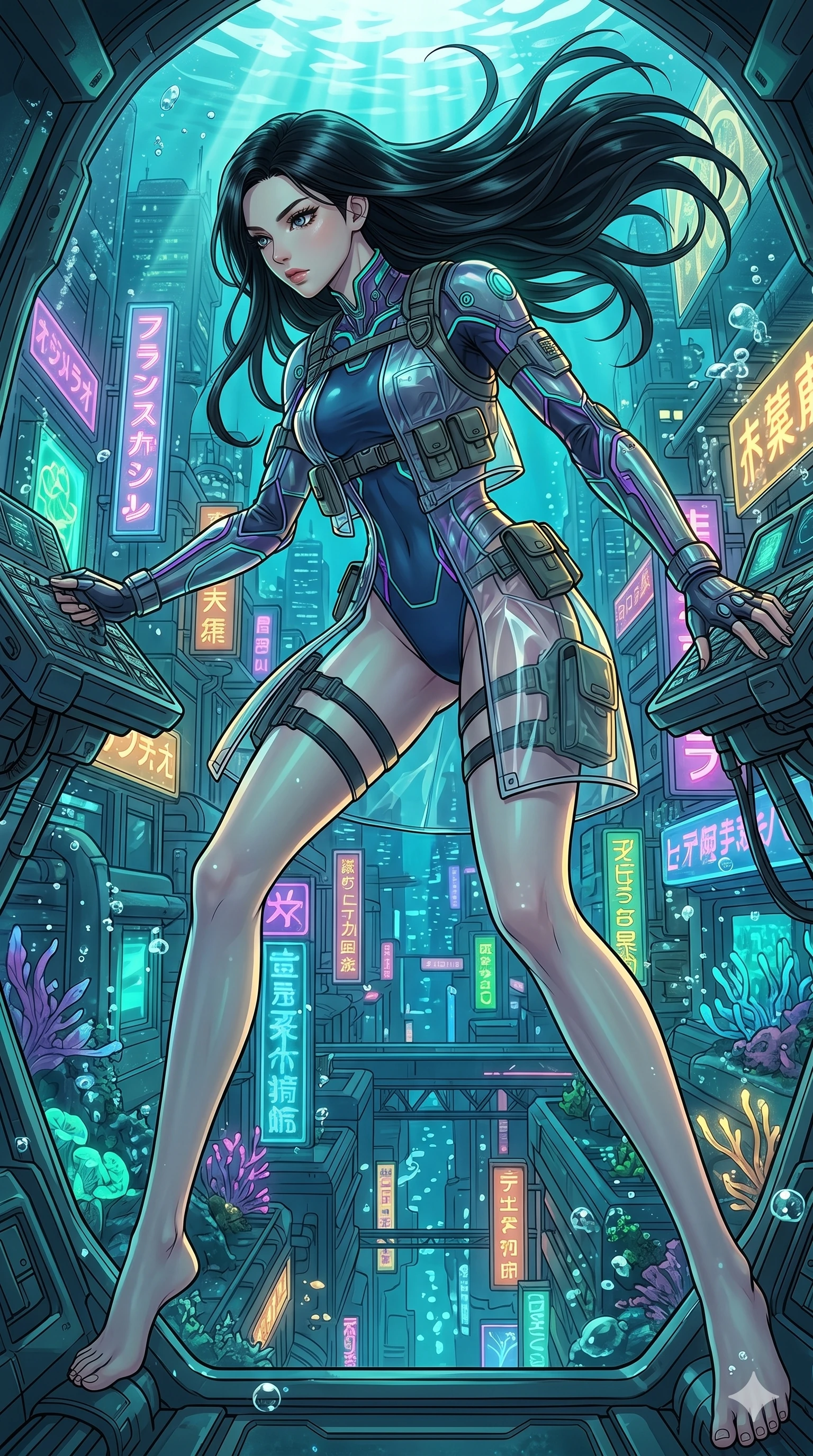 score_9, masterpiece, best quality, ultra-detailed, high-budget anime movie keyframe, cinematic anime lighting, intricate line art, Japanese woman. Dynamic full-body shot stretching the vertical silhouette with extreme perspective. piloting a underwater submersible through a submerged neon city. She has an absolutely perfect 8-heads proportion, an exceptionally tall and slender female figure with an ultra-slim waist and impossibly long slender legs. strictly human anatomy, two legs only, no extra limbs, clearly defined legs and arms, perfect anatomy, perfect hands and fingers. sharp v-shaped jawline, high-bridge nose, intricate jewel-like eyes, thick eyelashes, glossy lips. Wearing Tech-Fantasy: Cybernetic tech-suit with glowing seams, translucent PVC over leotard, and modular tactical gear. The scene is illuminated by dramatic atmospheric lighting and vibrant color palettes. , 2k, ultra detail, master piece, 9:16 ratio