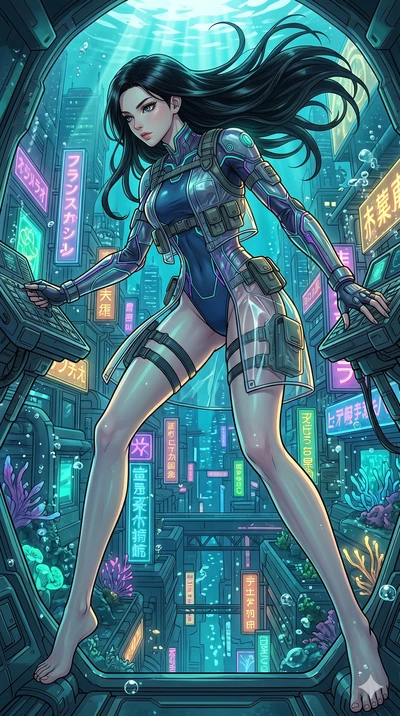 score_9, masterpiece, best quality, ultra-detailed, high-budget anime movie keyframe, cinematic anime lighting, intricate line art, Japanese woman. Dynamic full-body shot stretching the vertical silhouette with extreme perspective. piloting a underwa