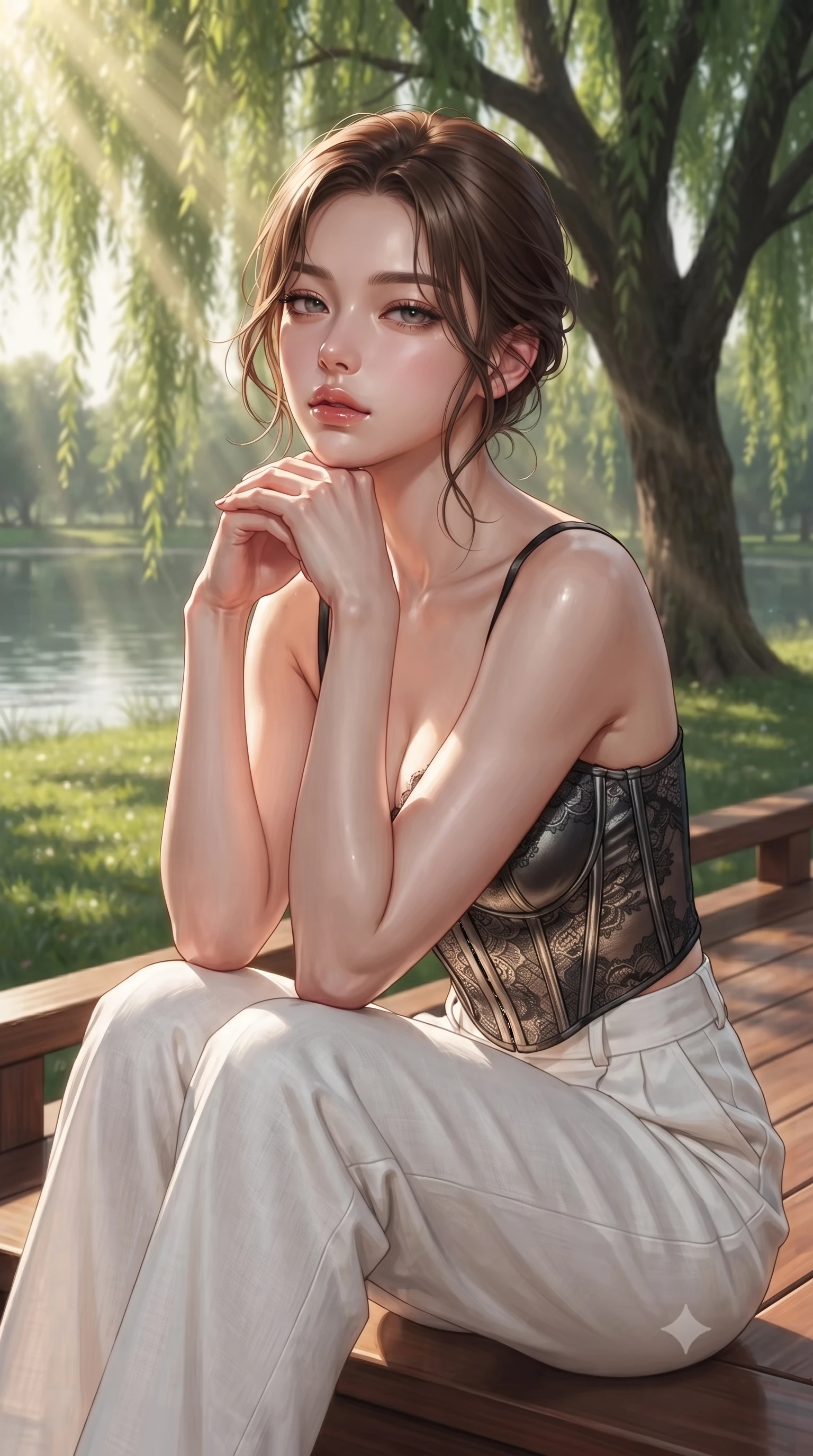 score_9, masterpiece, best quality, ultra-detailed, high-budget anime keyframe, editorial fashion photography, tasteful artistic composition, Korean woman woman. close-up cowboy shot from the waist and thighs up, the character dominates the composition, filling the frame with her large presence, background elements kept in soft focus. resting her chin on the backs of her fingers, casting a heavy-lidded, sultry look past the camera the background shows a soft-focus a wooden deck under a large willow tree near a calm lake in a private park. She has an exceptionally elegant, slender, and willowy female figure with an ultra-slim waist, a gracefully sculpted slender torso, and a refined silhouette. sharp v-shaped jawline, high-bridge nose, intricate jewel-like eyes with depth, thick eyelashes, glossy lips with a natural sheen. wearing a tailored delicate lace corset top in black silk, paired with high-waisted white linen trousers. dappled sunbeams filtering through the willow leaves onto the grass. ultra-reflective glossy finish, specular highlights, metallic sheen, high-contrast stereoscopic depth, volumetric dynamic lighting, 2k, ultra detail, master piece, 9:16 ratio
