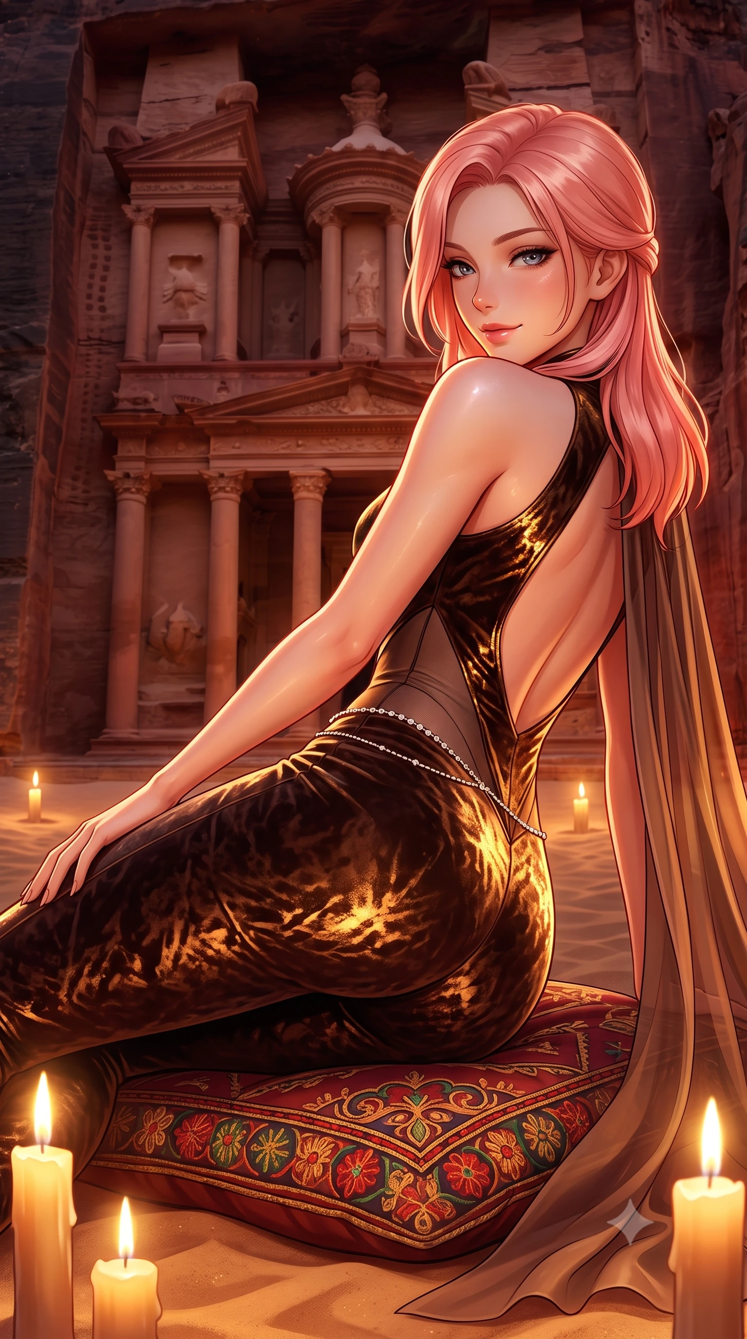score_9, masterpiece, best quality, ultra-detailed, high-budget anime keyframe, semi-realistic 3D game render, editorial fashion photography, tasteful artistic composition, Japanese woman. close-up cowboy shot from the waist and thighs up, the character dominates the composition, filling the frame with her large presence. turning over a bare shoulder with an intoxicating, teasing smile, her soft hair framing her sharp jawline as her hips angle gracefully while reclining across an embroidered bedouin cushion on the desert sand, her slender waist and feminine curves sculpted by warm candlelight and desert stars. The surrounding environment is rendered in vivid detail and crisp panoramic clarity. detailed silk chiffon cape drape, flickering candlelight sheen on skin, and Petra Treasury facade clarity in high resolution. She has an exceptionally elegant, slender, and willowy female figure with an ultra-slim waist, flat toned midriff, narrow ribcage, and sculpted feminine hips creating an alluring, slim hourglass silhouette without bulk. sharp v-shaped jawline, high-bridge nose, intricate jewel-like eyes with depth, thick eyelashes, glossy parted lips with a natural sheen, intensely captivating and seductive bedroom-eyes expression, flawlessly proportioned anatomical accuracy, strict slender model proportions, natural body alignment, perfectly sculpted long slender limbs, ultra-slim waistline, clean dynamic posture without body distortion. wearing a second-skin compression catsuit with an open back and sheer mesh side waist contouring in dark espresso brown and molten gold foil, crafted from heavyweight crushed silk velvet with liquid vintage luster, accented with a dainty diamond waist chain catching the ambient light reflections, the liquid-tight tailored fabric clinging flawlessly to her narrow waist and rounded feminine hips, emphasizing every millimeter of her sculpted slim hourglass curves without any bulky heaviness. illuminated by warm sandstone ambient reflections sharply contouring her razor-sharp jawline, narrow waist, and curvy hips. highly saturated vibrant anime colors, detailed shading with soft gradients, rich glossy textures, high-contrast stereoscopic depth, volumetric dynamic lighting, master piece, 9:16 ratio