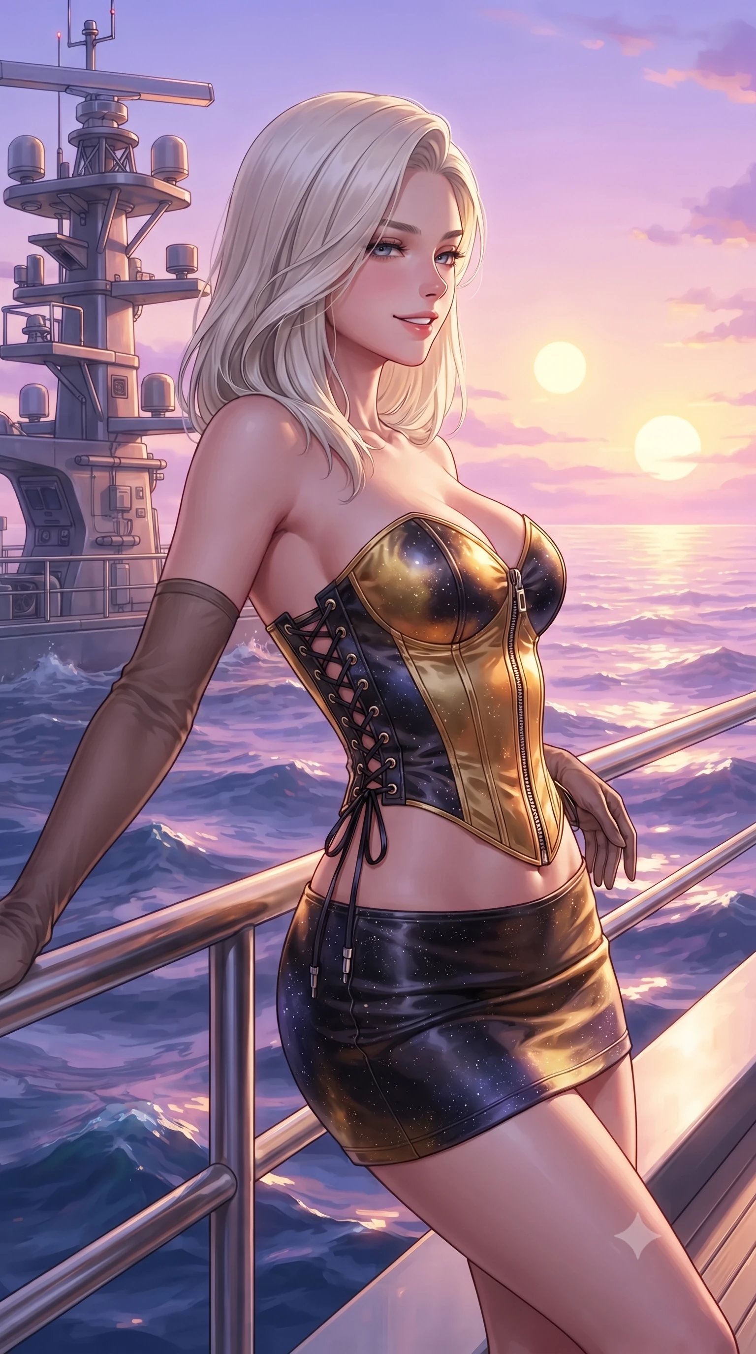 score_9, masterpiece, best quality, ultra-detailed, high-budget anime keyframe, editorial fashion photography, tasteful artistic composition, Caucasian woman. close-up cowboy shot from the waist and thighs up, the character dominates the composition, filling the frame with her large presence. leaning back against the balustrade with relaxed seductive grace, head tilted back slightly while casting a hypnotic, heavy-lidded gaze while leaning against the nautical radar pylon with hips cocked back, gazing out across undulating chromatic waves under twin setting suns with heavy-lidded bedroom-eyes. The surrounding environment is rendered in vivid detail and crisp panoramic clarity: sharp brushed titanium deck plates, crystalline chromatic ocean wave ripples, and futuristic scientific sensor arrays in deep focus. She has an exceptionally elegant, slender, and willowy female figure with an ultra-slim waist, flat toned midriff, narrow ribcage, and sculpted feminine hips creating an alluring, slim hourglass silhouette without bulk. sharp v-shaped jawline, high-bridge nose, intricate jewel-like sparkling eyes with depth, thick eyelashes, glossy parted lips with a natural peach sheen, bright cheerful beaming smile with an enchanting and coquettish sensual glint, exuding both youthful cute charm and seductive allure, flawlessly proportioned anatomical accuracy, strict slender model proportions, natural body alignment, perfectly sculpted long slender limbs, ultra-slim waistline, clean dynamic posture without body distortion. wearing a sculpted satin cyber-corset with lace-up side ties paired with a low-rise micro skirt in solar-flare gold and interstellar onyx, adorned with delicate chrome ring hardware and cutouts along her slender waist, complemented by sheer opera-length evening gloves tracing her slender arms, the second-skin tailored fabric adhering flawlessly to her sculpted flat midriff and slender torso, emphasizing her long leg lines and perfectly proportioned willowy build. bathed in the surreal dual illumination of twin setting suns—one golden amber, one lavender rose. ultra-reflective glossy finish, specular highlights, rich textural contrasts, high-contrast stereoscopic depth, volumetric dynamic lighting, 2k, ultra detail, master piece, 9:16 ratio