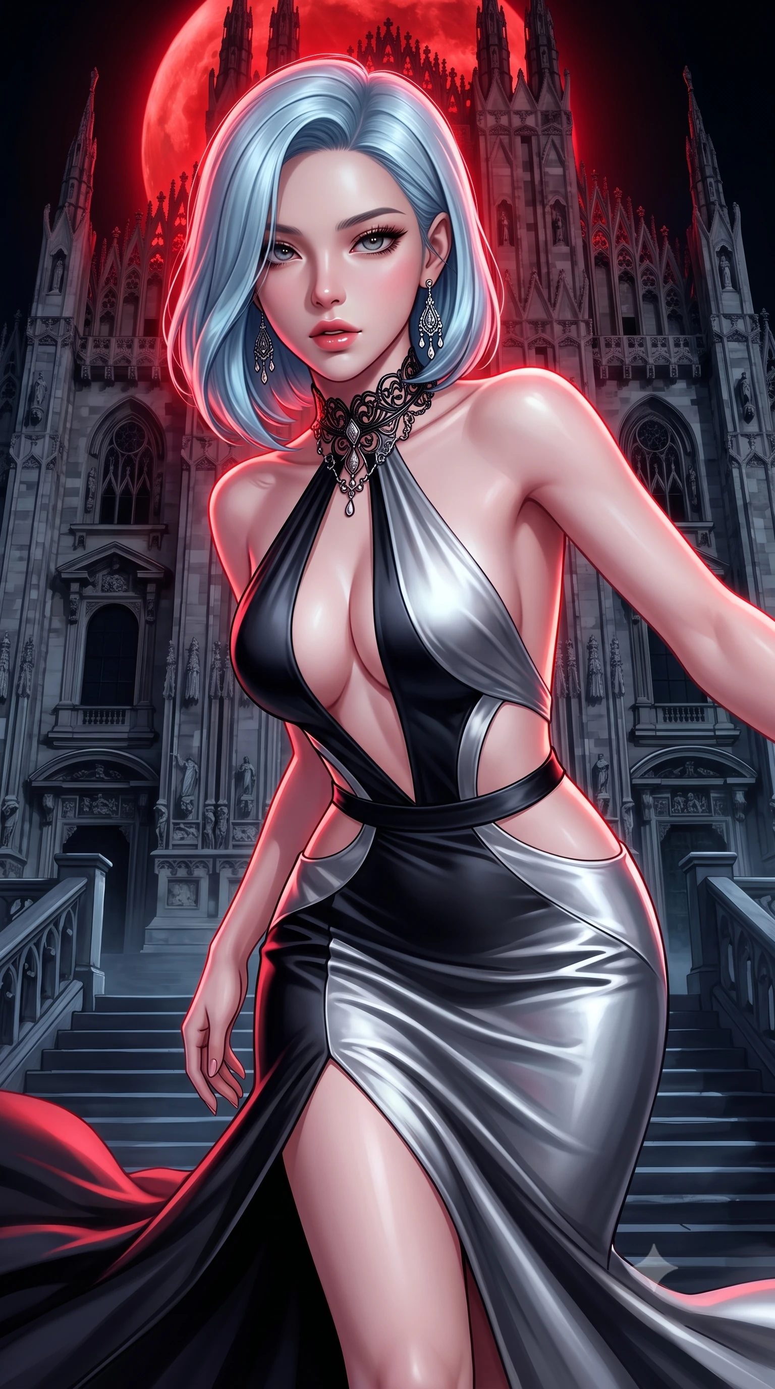 score_9, masterpiece, best quality, ultra-detailed, high-budget anime keyframe, semi-realistic 3D game render, editorial fashion photography, tasteful artistic composition, Korean woman. close-up cowboy shot from the waist and thighs up, the character dominates the composition, filling the frame with her large presence. leaning forward toward the camera with playful, breathtaking intimacy, eyes locked onto the viewer with irresistible charisma while descending the cold cathedral steps with fluid supermodel momentum, the night wind fluttering her dark drapery. The surrounding environment is rendered in vivid detail and crisp panoramic clarity. monumental high-contrast gothic chiaroscuro and sacred nocturnal architecture in sharp clarity. She has an exceptionally elegant, slender, and willowy female figure with an ultra-slim waist, a gracefully sculpted slender torso, toned flat midriff, and a refined slim silhouette. sharp v-shaped jawline, high-bridge nose, intricate jewel-like eyes with depth, thick eyelashes, glossy parted lips with a natural sheen, intensely captivating and seductive expression, flawlessly proportioned anatomical accuracy, strict slender model proportions, natural body alignment, perfectly sculpted long slender limbs, ultra-slim waistline, clean dynamic posture without body distortion. wearing a sculptured liquid-satin mermaid gown with an architectural open-waist cutout and bare spine in raven black and shimmering silver mercury, tailored from ultra-smooth duchess satin with a pearlescent sheen, finished with a dramatic filigree Victorian choker and chandelier earrings, the precision-cut daring openings accentuating her delicate midriff, graceful bare collarbones, and ultra-slim feminine waistline. bathed in surreal blood-red lunar eclipse backlighting and cool silver ambient fill. highly saturated vibrant anime colors, detailed shading with soft gradients, rich glossy textures, high-contrast stereoscopic depth, volumetric dynamic lighting, master piece, 9:16 ratio