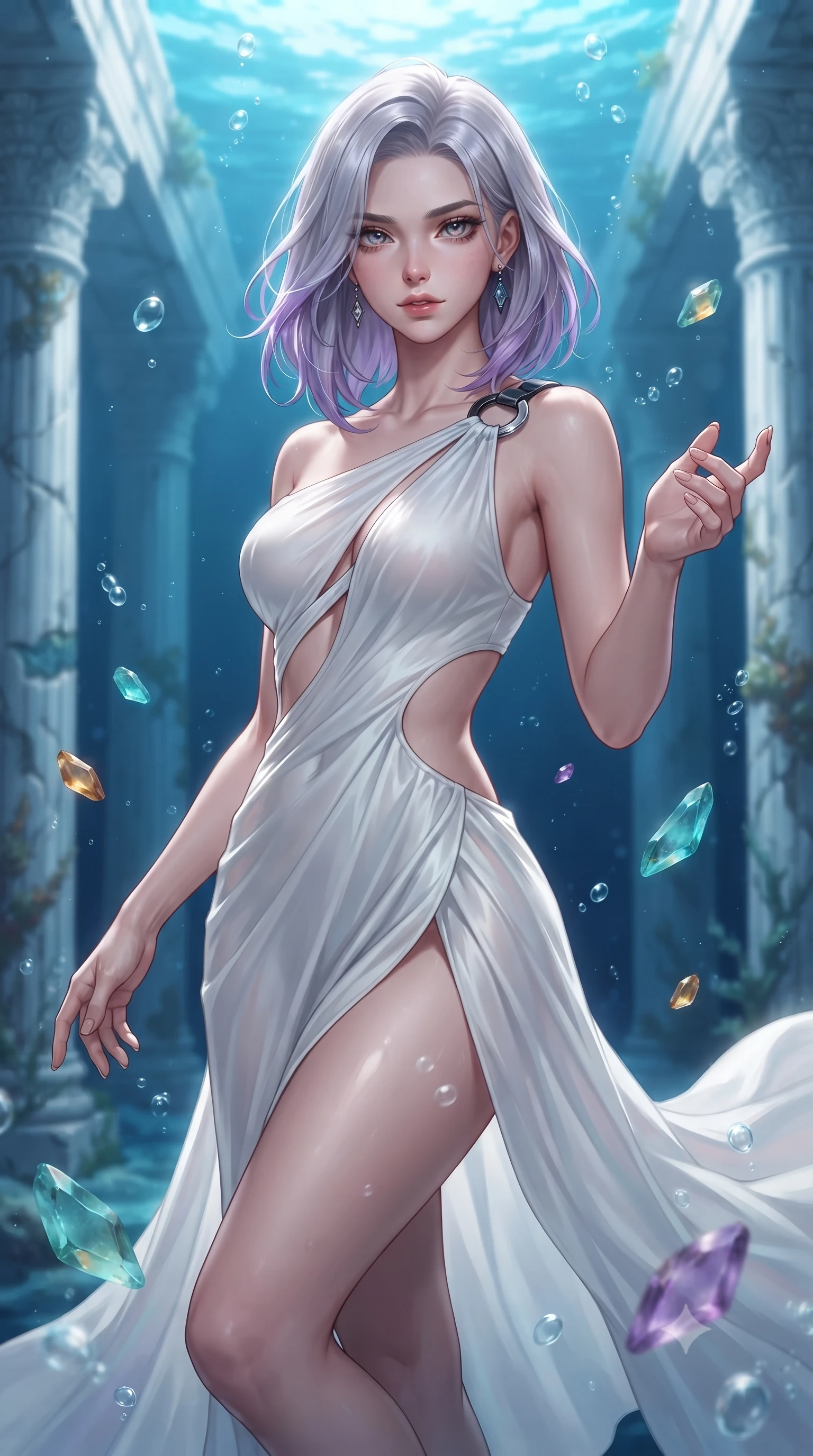 score_9, masterpiece, best quality, ultra-detailed, high-budget anime keyframe, editorial fashion photography, tasteful artistic composition, Caucasian woman. close-up cowboy shot from the waist and thighs up, the character dominates the composition, filling the frame with her large presence, background elements kept in soft focus. Reaching one hand gracefully toward the viewer with effortless superiority and allure floating gracefully through a sunken white marble colonnade underwater, translucent sea glass fragments drifting gracefully around her. She has an exceptionally elegant, slender, and willowy female figure with an ultra-slim waist, a gracefully sculpted slender torso, and a refined silhouette. sharp v-shaped jawline, high-bridge nose, intricate jewel-like eyes with depth, thick eyelashes, glossy lips with a natural sheen. wearing an asymmetrical Grecian draped chiffon gown with a metallic shoulder ring in matte black and polished silver, crafted from smooth liquid silk, featuring clean architectural cutouts along her slender torso, the glove-like fit emphasizing her statuesque silhouette. surrounded by a shimmering ocean aura with bright pearl-white rim lights. highly saturated vibrant anime colors, detailed shading with soft gradients, rich glossy textures, high-contrast stereoscopic depth, volumetric dynamic lighting, master piece, 9:16 ratio
