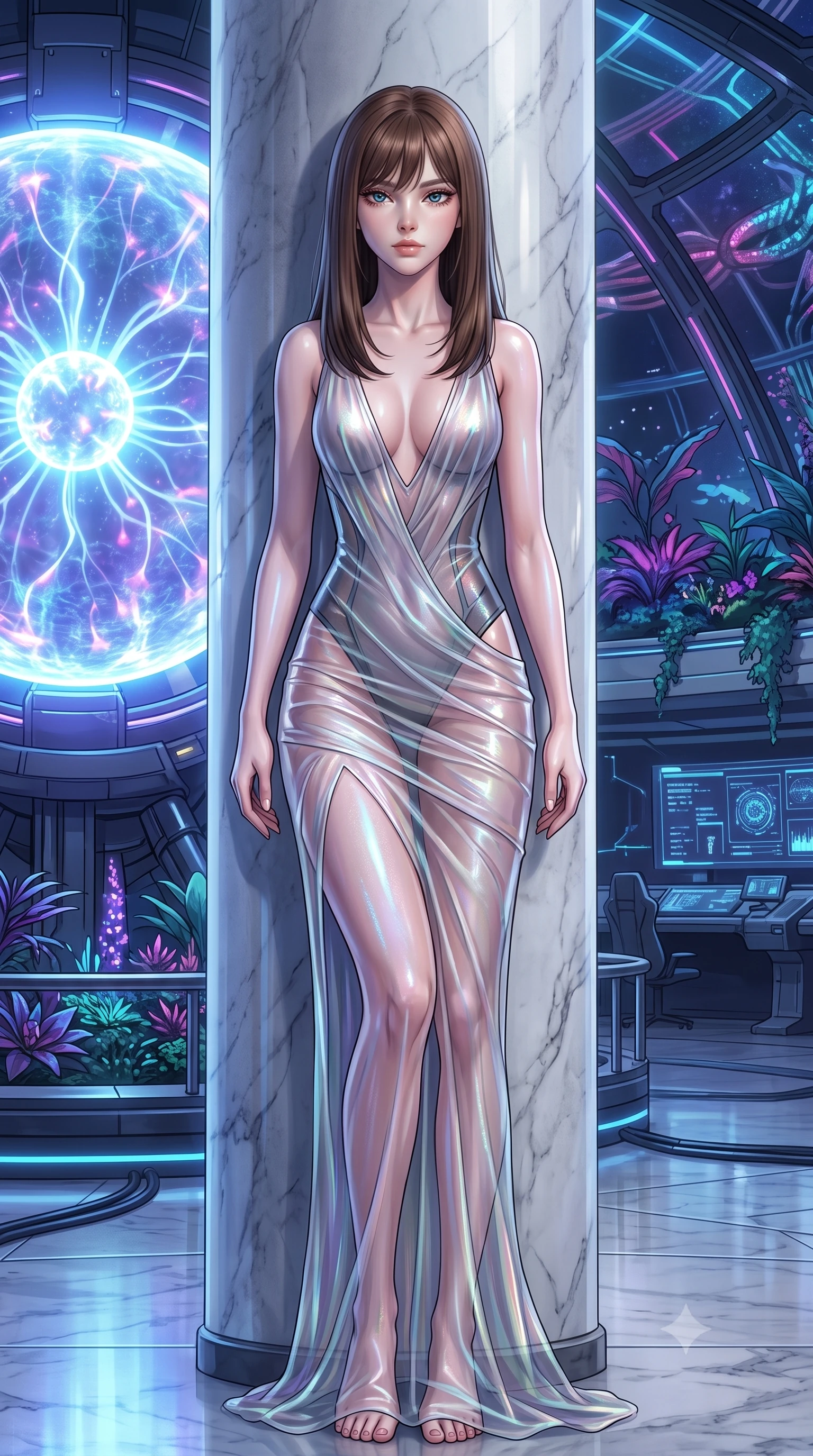 score_9, masterpiece, best quality, ultra-detailed, High-budget Anime Keyframe, East Asian woman. Dynamic full-body shot stretching the vertical silhouette to the limit. Scenario 290: leaning against a cold marble pillar inside a secret bio-dome containing a giant glowing fusion reactor. Her presence is magnetic and overpowering in this high-budget anime scene. Outfit 290: a slim-fit molten liquid silk mesh with a plunging V-neckline and translucent layers. The clothing is designed to emphasize her exceptionally tall and slender 8-heads proportion. 8-heads proportion, towering silhouette, ultra-slim waist. sharp v-shaped jawline, intricate jewel-like eyes with depth, thick eyelashes, glossy lips. 2k, ultra detail, master piece, 9:16 ratio