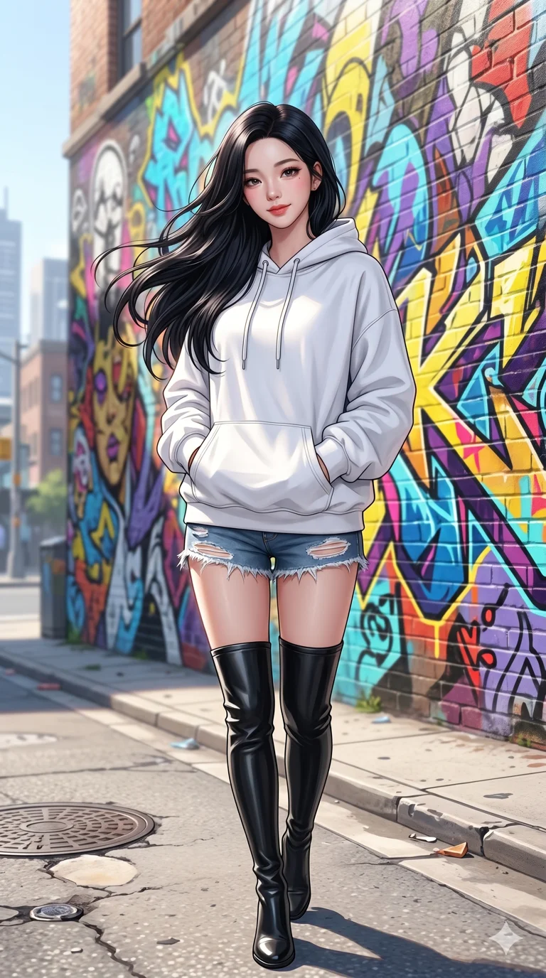 score_9, score_8_up, score_7_up, source_anime, masterpiece, best quality, ultra-detailed, same character with long flowing black hair, wearing an oversized white hoodie and distressed denim shorts, full body shot standing with hands in pockets, sunny city street, colorful graffiti wall in background, bright daylight, 2k, 9:16 ratio