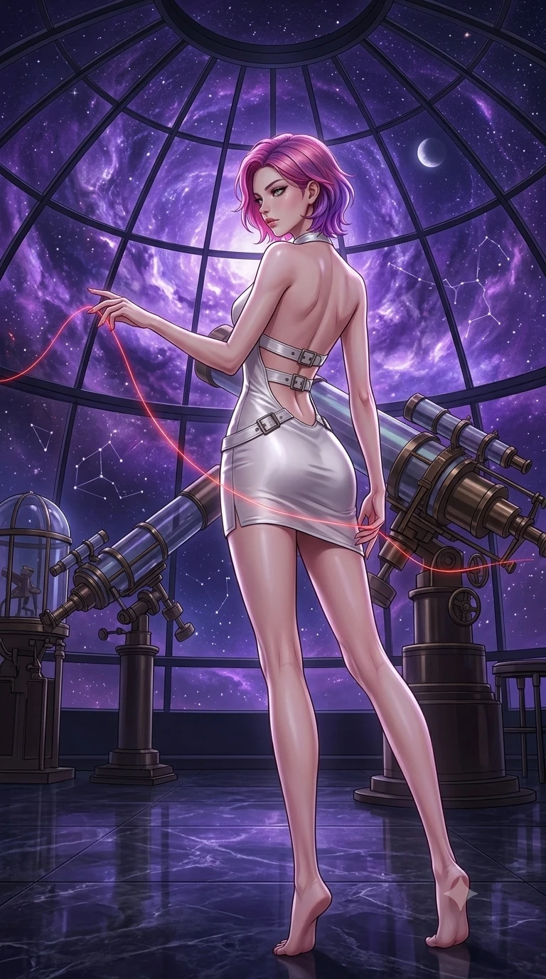 score_9, masterpiece, best quality, ultra-detailed, High-budget Anime Keyframe, Caucasian woman, strictly human ears. Dynamic full-body shot stretching the vertical silhouette to the limit. Scenario 521: tracing a glowing red thread of fate with her fingers in a high-altitude observatory dome under a swirling violet nebula. Her presence is magnetic and overpowering in this high-budget anime scene. Outfit 521: a tailored pearl white liquid silk mini dress with a dramatic backless design and metallic buckles. The clothing is designed to emphasize her exceptionally tall and slender 8-heads proportion. 8-heads proportion, towering silhouette, ultra-slim waist. sharp v-shaped jawline, intricate jewel-like eyes with depth, thick eyelashes, glossy lips. 2k, ultra detail, master piece, 9:16 ratio