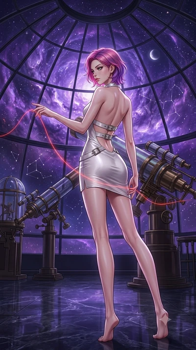 score_9, masterpiece, best quality, ultra-detailed, High-budget Anime Keyframe, Caucasian woman, strictly human ears. Dynamic full-body shot stretching the vertical silhouette to the limit. Scenario 521: tracing a glowing red thread of fate with her 