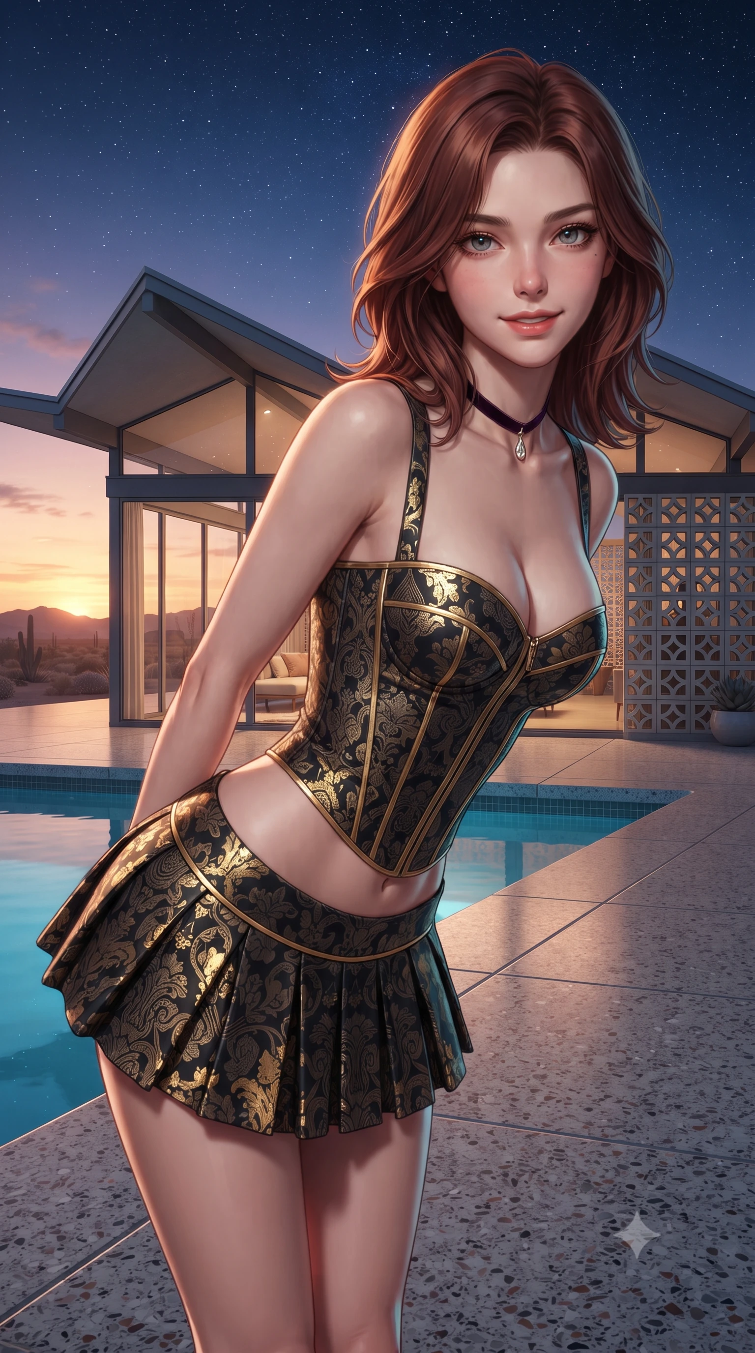 score_9, masterpiece, best quality, ultra-detailed, high-budget anime keyframe, editorial fashion photography, tasteful artistic composition, Korean woman. close-up cowboy shot from the waist and thighs up, the character dominates the composition, filling the frame with her large presence. leaning forward while arching her lower back to accentuate her curvy hips, looking into the camera with an intoxicating smoldering gaze and bedroom-eyes while standing poised on the polished terrazzo patio beside the iconic butterfly-roof glass pavilion, arching her lower back as desert sunset transitions into star-filled twilight. The surrounding environment is rendered in vivid detail and crisp panoramic clarity: sharp post-and-beam steel rooflines, decorative concrete breeze-block geometric relief, and terrazzo floor aggregate chips in deep focus. She has an exceptionally elegant, slender, and willowy female figure with an ultra-slim waist, flat toned midriff, narrow ribcage, and sculpted feminine hips creating an alluring, slim hourglass silhouette without bulk. sharp v-shaped jawline, high-bridge nose, intricate jewel-like sparkling eyes with depth, thick eyelashes, glossy parted lips with a natural peach sheen, bright cheerful beaming smile with an enchanting and coquettish sensual glint, exuding both youthful cute charm and seductive allure, flawlessly proportioned anatomical accuracy, strict slender model proportions, natural body alignment, perfectly sculpted long slender limbs, ultra-slim waistline, clean dynamic posture without body distortion. wearing a structured boned corset top paired with an ultra-short low-rise pleated micro mini skirt in Viennese golden secession noir and imperial 24k gold leaf, crafted from bespoke double-faced cashmere with an exceptionally soft tactile finish, finished with a thin velvet ribbon choker and a single teardrop diamond pendant, the second-skin tailored fabric adhering flawlessly to her sculpted flat midriff and slender torso, emphasizing her long leg lines and perfectly proportioned willowy build. illuminated by pool surface specular bounce and sharp gold-and-cyan dual rim lights sculpting her jawline, narrow waist, and curvy hips. ultra-reflective glossy finish, specular highlights, rich textural contrasts, high-contrast stereoscopic depth, volumetric dynamic lighting, 2k, ultra detail, master piece, 9:16 ratio