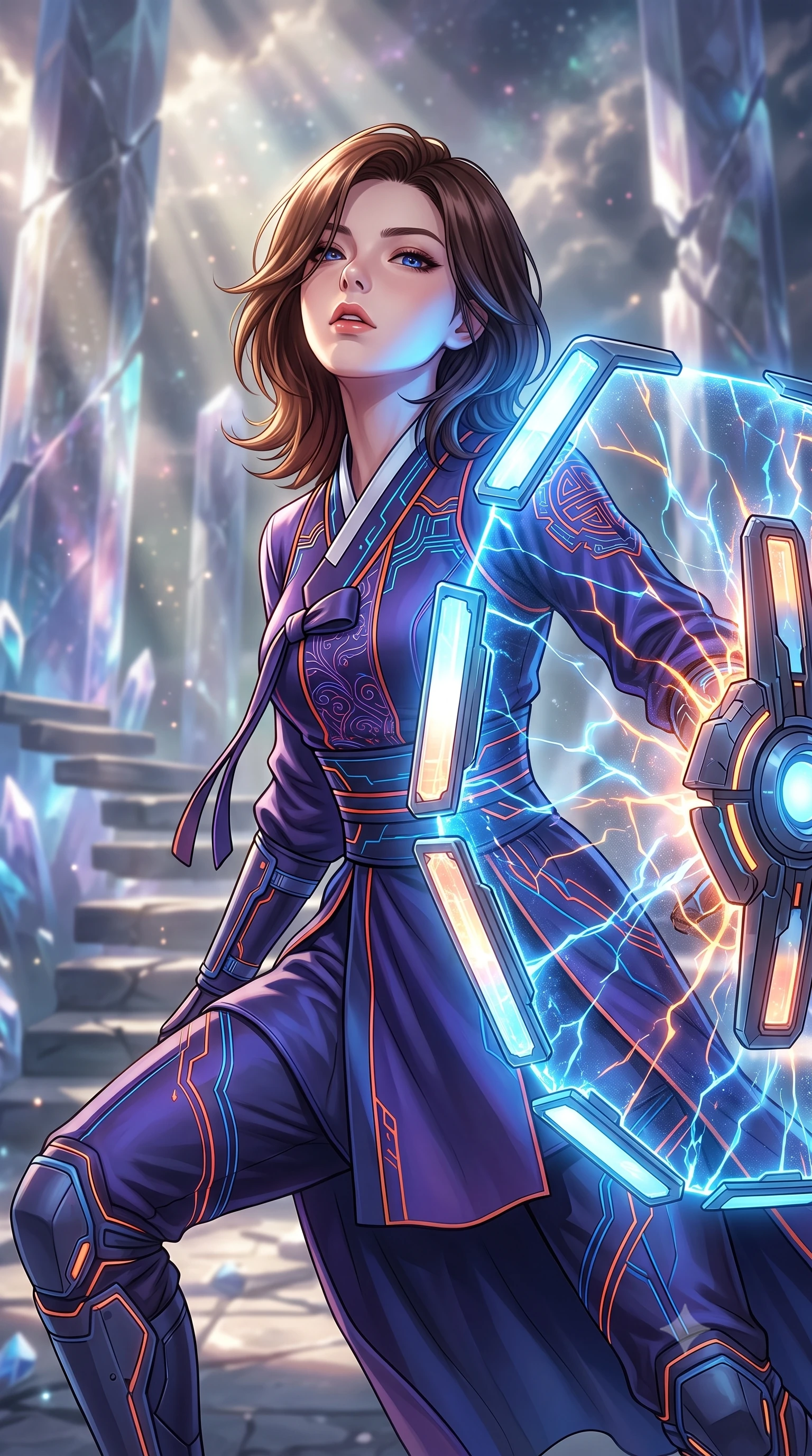 score_9, masterpiece, best quality, ultra-detailed, high-budget anime keyframe, editorial fashion photography, tasteful artistic composition, Korean woman. close-up cowboy shot from the waist and thighs up, the character dominates the composition, filling the frame with her large presence, background elements kept in soft focus. crouching slightly behind a glowing holographic shield emitter, looking up with defiance and lips slightly parted, the background shows a soft-focus a crystal ruins courtyard with levitating stone steps and shattered columns. She has an exceptionally elegant, slender, and willowy female figure with an ultra-slim waist, a gracefully sculpted slender torso, and a refined silhouette. sharp v-shaped jawline, high-bridge nose, intricate jewel-like eyes with depth, thick eyelashes, glossy lips with a natural sheen. wearing a slim-fit modern fusion cyber-hanbok robes featuring neon-stitch silk panels and reinforced composite shin guards. dappled sunlight filtering through cosmic dust clouds, creating volumetric light rays. highly saturated vibrant anime colors, detailed shading with soft gradients, rich glossy textures, high-contrast stereoscopic depth, volumetric dynamic lighting, master piece, 9:16 ratio