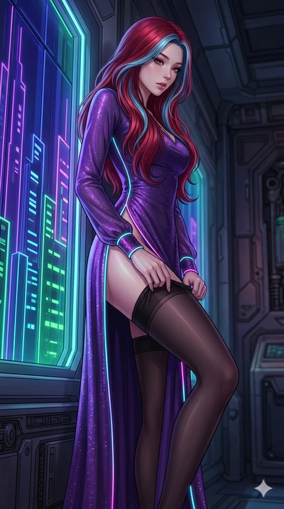 score_9, masterpiece, best quality, ultra-detailed, High-budget Anime Keyframe, East Asian woman. Low angle cowboy shot filling the entire 9:16 frame with her statuesque presence. Scenario 247: Adjusting her thigh-high stocking by a glowing neon wind