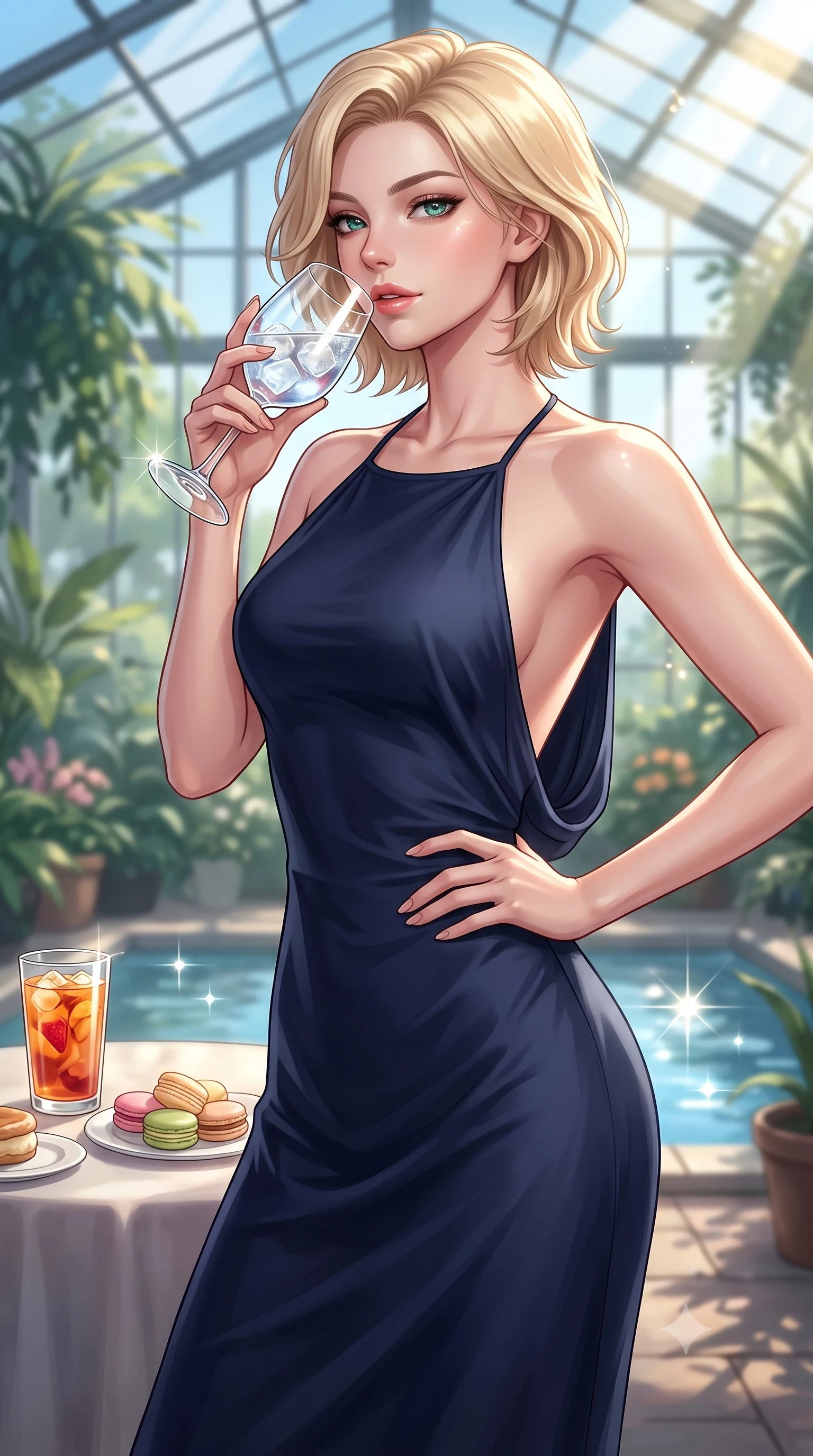 score_9, masterpiece, best quality, ultra-detailed, high-budget anime keyframe, editorial fashion photography, tasteful artistic composition, Caucasian woman. close-up cowboy shot from the waist and thighs up, the character dominates the composition, filling the frame with her large presence, background elements kept in soft focus. resting one hand on her ultra-slim waist while holding a crystal wine glass near her lips with an alluring smile set against a soft-focus background of inside an exclusive botanical greenhouse with a glass of iced fruit tea and delicate macaron pastries arranged on the table. She has an exceptionally elegant, slender, and willowy female figure with an ultra-slim waist, a gracefully sculpted slender torso, and a refined silhouette. sharp v-shaped jawline, high-bridge nose, intricate jewel-like eyes with depth, thick eyelashes, glossy lips with a natural sheen. wearing tailored midnight navy matte silk backless linen halter dress featuring delicate straps and a draped open-back design featuring refined tailored seams. lit by crisp morning sun rays creating sparkling glints on polished glass and water. highly saturated vibrant anime colors, detailed shading with soft gradients, rich glossy textures, high-contrast stereoscopic depth, volumetric dynamic lighting, master piece, 9:16 ratio