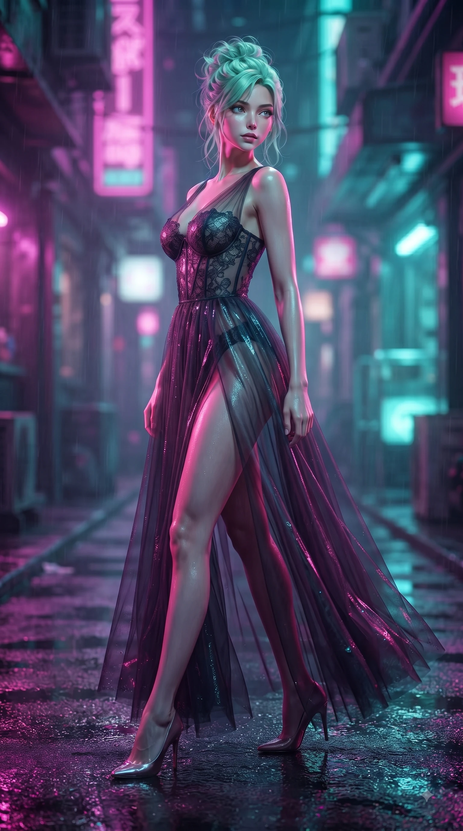 score_9, masterpiece, best quality, ultra-detailed, high-budget anime keyframe, editorial fashion photography, tasteful artistic composition, Japanese woman woman. low angle full-body shot from head to toe showing her feet, filling the entire 9:16 vertical frame with her statuesque presence, stretching her vertical silhouette. She has an absolutely perfect, statuesque 8.5-heads proportion, an exceptionally tall and slender model-like female figure with impossibly long slender legs and an ultra-slim waist. turning fluidly while glancing back over her shoulder with magnetic intensity and statuesque grace, flawlessly proportioned anatomical accuracy, natural body alignment, perfectly sculpted elegant limbs, clean dynamic posture without body distortion. set against a soft-focus background of a cyberpunk alley with wet asphalt reflecting rain. wearing a dark sheer tulle evening gown with an intricate lace corset and daring thigh-high slit. drenched in wet neon reflections of magenta and turquoise casting glossy specular highlights. ultra-reflective glossy finish, specular highlights, metallic sheen, high-contrast stereoscopic depth, volumetric dynamic lighting, 2k, ultra detail, master piece, 9:16 ratio