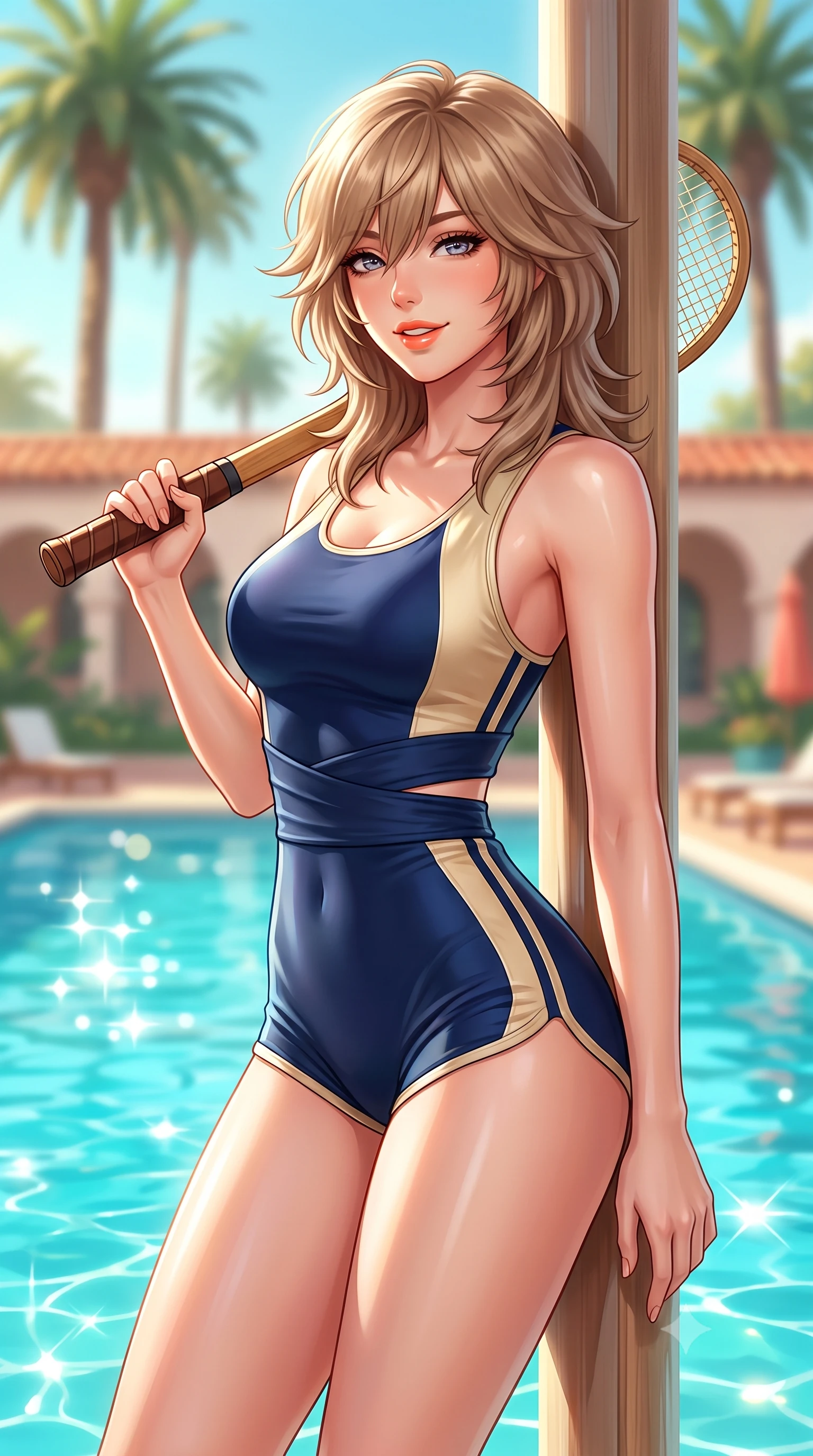 score_9, masterpiece, best quality, ultra-detailed, high-budget anime keyframe, semi-realistic 3D game render, editorial fashion photography, tasteful artistic composition, Japanese woman. close-up cowboy shot from the waist and thighs up, the character dominates the composition, filling the frame with her large presence. leaning back against the pit wall with relaxed seductive grace, her flat midriff and narrow waist highlighted as sunlight traces her curves while leaning against the poolside cabana post with hips cocked back, casting an alluring bedroom-gaze past floating turquoise pool water. The background shows a soft-focus towering Beverly Hills royal palms, crystal turquoise pool water, and Spanish revival club arches blurred into pastel turquoise, honey, and coral bokeh. She has an exceptionally elegant, slender, and willowy female figure with an ultra-slim waist, flat toned midriff, narrow ribcage, and sculpted feminine hips creating an alluring, slim hourglass silhouette without bulk. sharp v-shaped jawline, high-bridge nose, sparkling eyes with athletic focus and depth, thick curled eyelashes, glossy parted lips with a natural coral-peach sheen, bright confident and coquettish smile with alluring bedroom-eyes, exuding both youthful sporty vigor and sovereign high-society glamour, flawlessly proportioned anatomical accuracy, strict slender model proportions, natural body alignment, perfectly sculpted long slender limbs, ultra-slim waistline, clean dynamic posture without body distortion. wearing a bodycon racerback athletic romper with high-cut leg openings and side racing stripe tape accentuating her curvy hips in Monaco navy blue and cream champagne gold, made of smooth liquid-tight stretch jersey emphasizing every curve of her body, featuring a vintage wooden tennis racket held casually over one shoulder, the high-waisted wrap tailoring accentuating her ultra-slim waistline and the enchanting curve of her feminine hips with alluring sporty charm. bathed in bright California afternoon sunbeams reflecting off sparkling pool water. highly saturated vibrant anime colors, detailed shading with soft gradients, rich glossy textures, high-contrast stereoscopic depth, volumetric dynamic lighting, master piece, 9:16 ratio