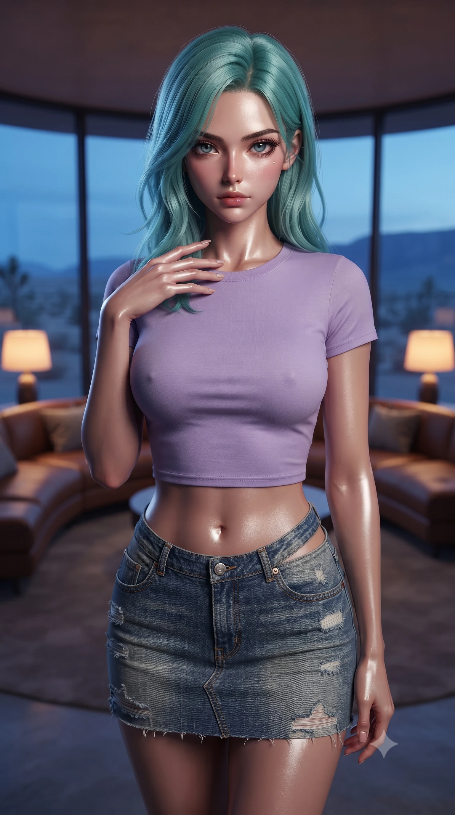 score_9, masterpiece, best quality, ultra-detailed, high-budget anime keyframe, editorial fashion photography, tasteful artistic composition, Japanese woman. close-up cowboy shot from the waist and thighs up, the character dominates the composition, filling the frame with her large presence, background elements kept in soft focus. standing with one hand resting on her collarbone, looking at the viewer with bedroom-eyes the background shows a soft-focus a modern desert dome lounge with leather sofas and large panoramic windows. She has an exceptionally elegant, slender, and willowy female figure with an ultra-slim waist, a gracefully sculpted slender torso, and a refined silhouette. sharp v-shaped jawline, high-bridge nose, intricate jewel-like eyes with depth, thick eyelashes, glossy lips with a natural sheen. wearing a slim-fit modern crop top in lavender cotton paired with a low-rise denim skirt and a subtle waist cut-out. cool blue twilight sky glow contrasting with the warm amber glow of a bedside lamp. ultra-reflective glossy finish, specular highlights, metallic sheen, high-contrast stereoscopic depth, volumetric dynamic lighting, 2k, ultra detail, master piece, 9:16 ratio