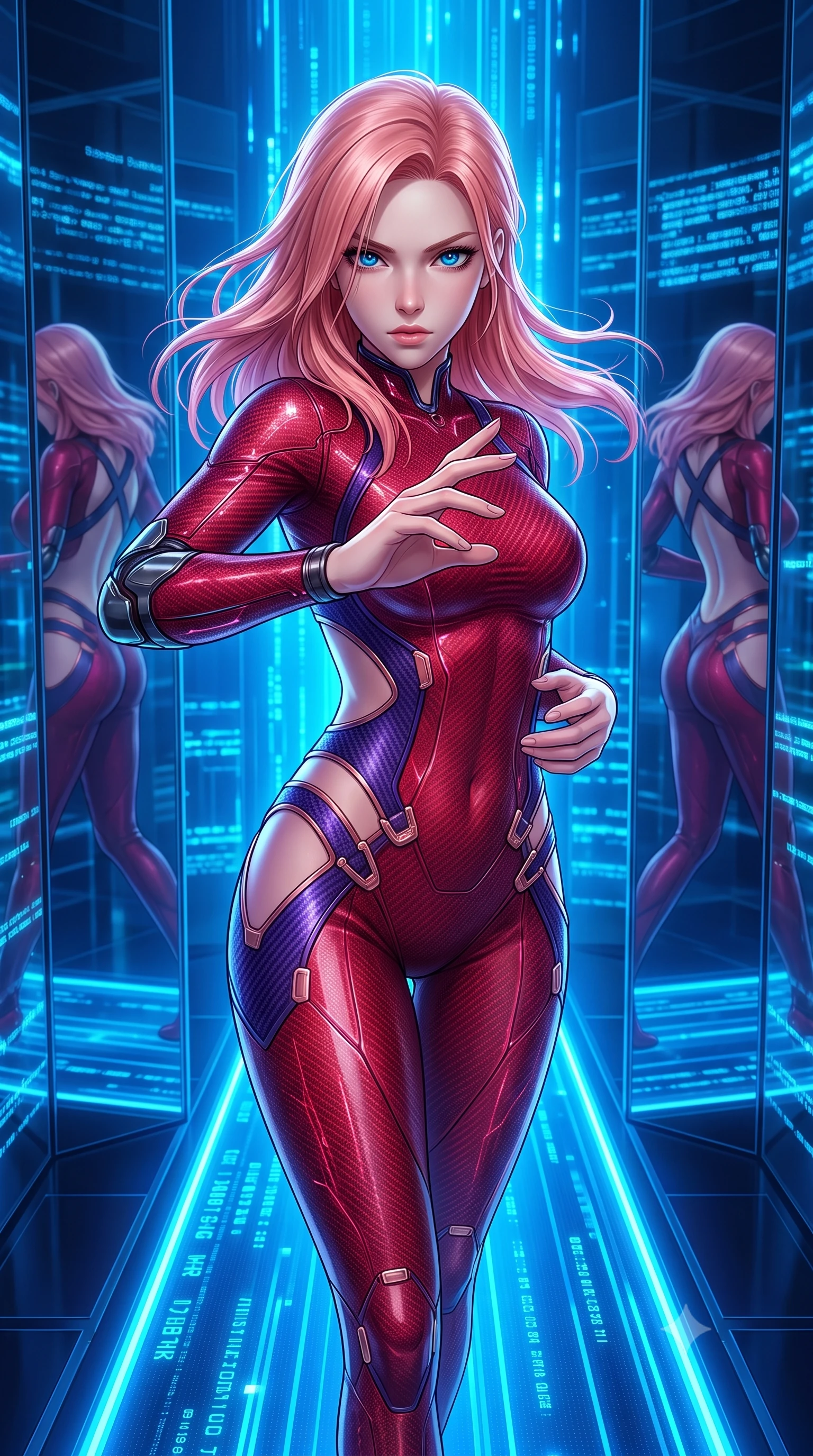score_9, masterpiece, best quality, ultra-detailed, high-budget anime keyframe, semi-realistic 3D game render, editorial fashion photography, tasteful artistic composition, Japanese woman. close-up cowboy shot from the waist and thighs up, the character dominates the composition, filling the frame with her large presence. in a razor-sharp Panzer Kunst fighting guard, one hand extended with palm open in fluid kinetic tension, captivating jewel-like eyes locked onto the viewer with dangerous focus while stepping along a glowing blue data pathway with effortless sovereign grace as matrix mirrors reflect her silhouette. The surrounding environment is rendered in vivid detail and crisp panoramic clarity. vibrant high-contrast cybernetic lighting and monumental quantum architecture in panoramic precision. She has an exceptionally elegant, slender, and willowy female figure with an ultra-slim waist, a gracefully sculpted slender torso, toned flat midriff, and a refined slim silhouette. sharp v-shaped jawline, high-bridge nose, intricate jewel-like eyes with depth, thick eyelashes, glossy lips with a natural sheen, flawlessly proportioned anatomical accuracy, strict slender model proportions, natural body alignment, perfectly sculpted long slender limbs, ultra-slim waistline, clean dynamic posture without body distortion. wearing a skin-tight crimson carbon-weave battle-suit with metallic dark chrome elbow dampers and hip-accentuating cutouts in royal purple carbon fiber with rose-gold hardware and clasps, crafted from semi-translucent cybernetic carbon-vinyl interwoven with glowing micro-filaments, complemented by criss-cross back harness straps highlighting her completely bare spine, the form-contouring material adhering flawlessly to her sculpted flat midriff and slender torso, emphasizing her long leg lines and perfectly proportioned willowy build. bathed in glowing electric sapphire and cyan data stream illumination with rich ambient blue fill. rich saturated anime colors with glowing neon highlights, detailed shading with soft gradients, rich glossy textures, high-contrast stereoscopic depth, volumetric dynamic lighting, master piece, 9:16 ratio