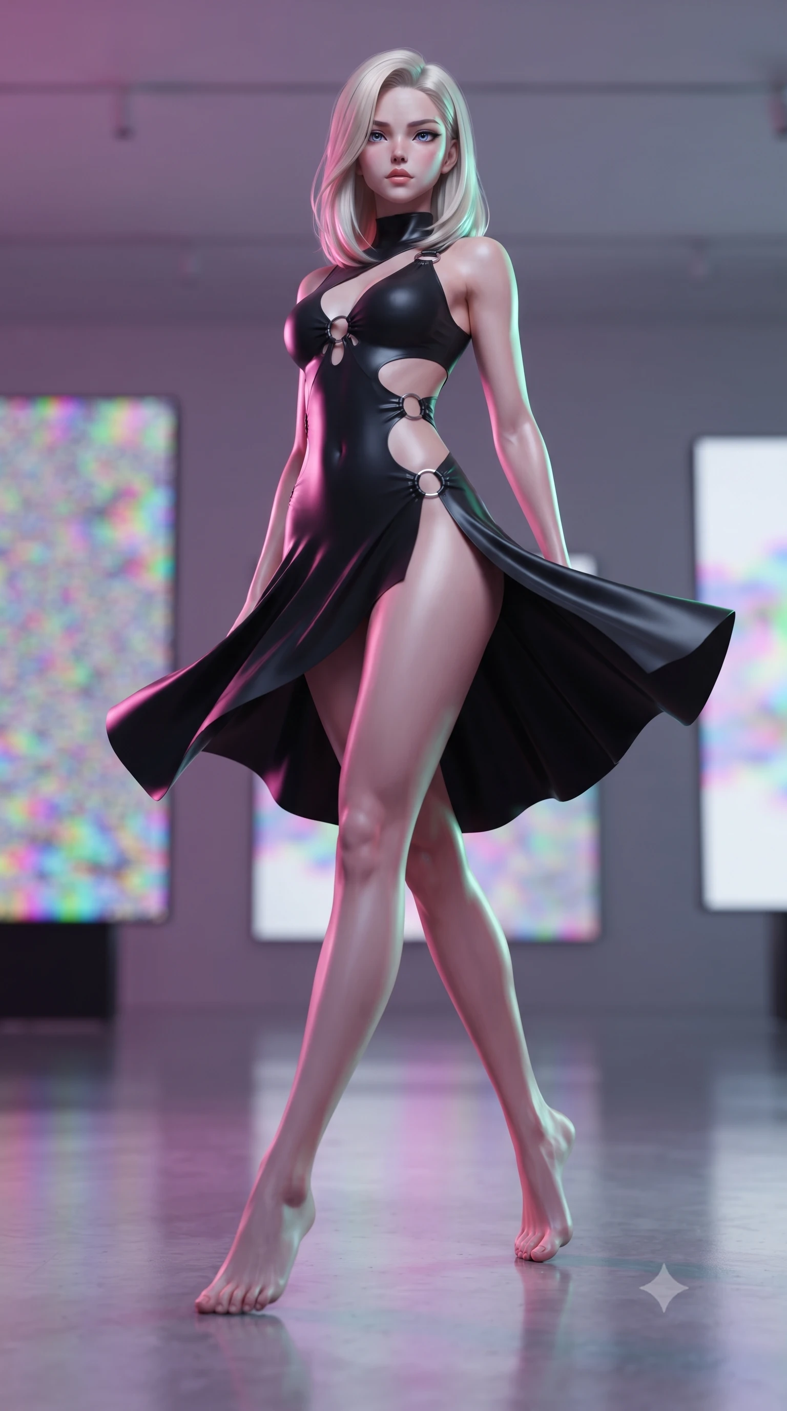 score_9, masterpiece, best quality, ultra-detailed, high-budget anime keyframe, editorial fashion photography, tasteful artistic composition, Caucasian woman woman. low angle full-body shot from head to toe showing her feet, filling the entire 9:16 vertical frame with her statuesque presence, stretching her vertical silhouette. She has an absolutely perfect, statuesque 8.5-heads proportion, an exceptionally tall and slender model-like female figure with impossibly long slender legs and an ultra-slim waist. mid-air spin above the reflective floor, maintaining an athletic and perfectly balanced poise, flawlessly proportioned anatomical accuracy, natural body alignment, perfectly sculpted elegant limbs, clean dynamic posture without body distortion. set against a soft-focus background of a high-end gallery with RGB noise digital canvas displays. wearing an asymmetric cut-out mini dress in matte black latex with silver ring accents. bathed in dynamic shifting RGB neon lights creating dramatic high-contrast rim light. ultra-reflective glossy finish, specular highlights, metallic sheen, high-contrast stereoscopic depth, volumetric dynamic lighting, 2k, ultra detail, master piece, 9:16 ratio