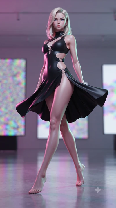 score_9, masterpiece, best quality, ultra-detailed, high-budget anime keyframe, editorial fashion photography, tasteful artistic composition, Caucasian woman woman. low angle full-body shot from head to toe showing her feet, filling the entire 9:16 v