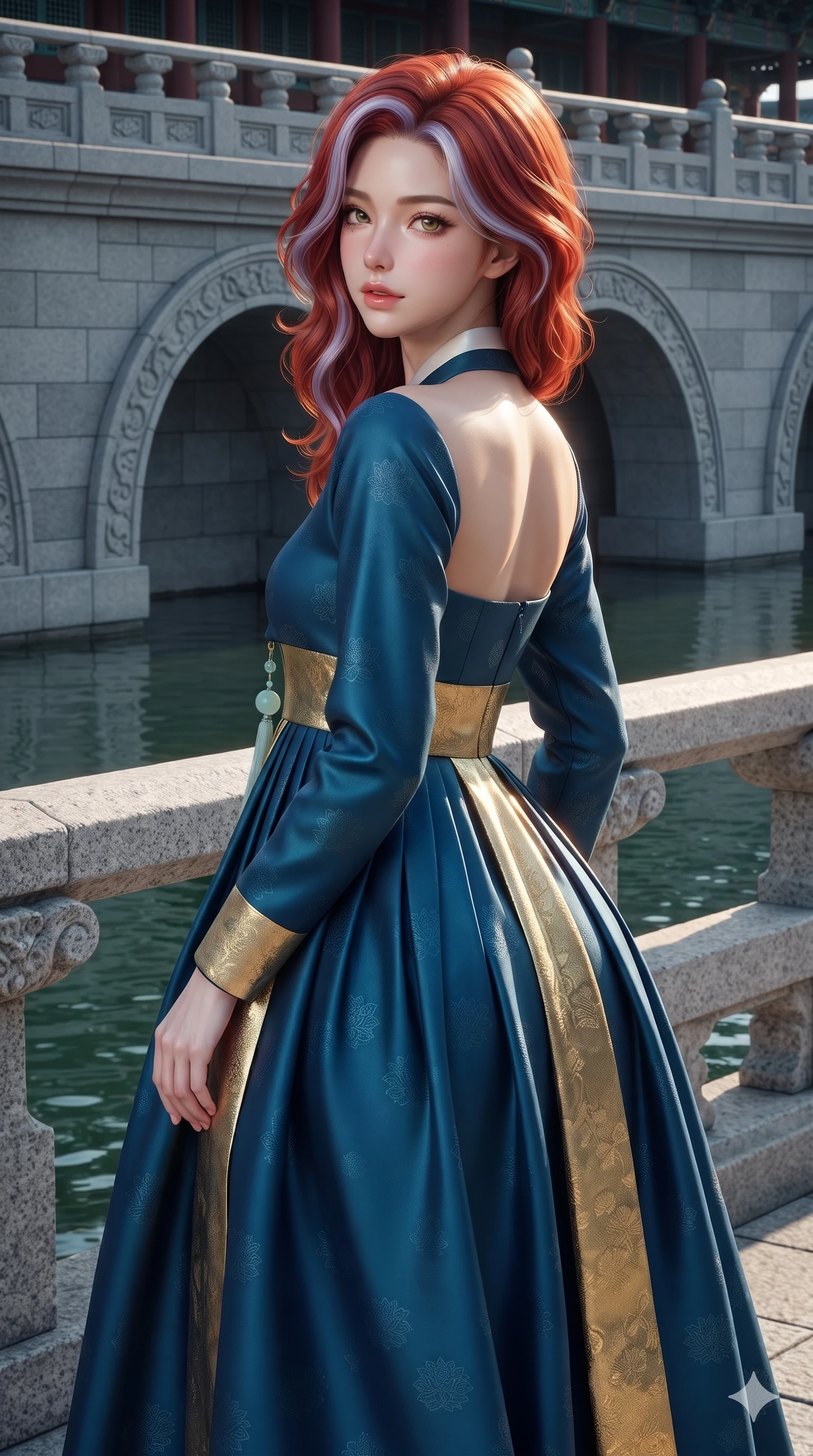 score_9, masterpiece, best quality, ultra-detailed, high-budget anime keyframe, editorial fashion photography, tasteful artistic composition, Caucasian woman. close-up cowboy shot from the waist and thighs up, the character dominates the composition, filling the frame with her large presence. posing in an alluring rear three-quarter angle, looking over a bare shoulder with parted glossy lips, her hips cocked back to highlight her slim hourglass curve while walking slowly along the palace moat balustrade with feline poise, her long slender legs and curvy hips commanding the frame. The surrounding environment is rendered in vivid detail and crisp panoramic clarity: sharp dressed stone pier masonry, carved granite arch relief work, and water surface ripple clarity in deep focus. She has an exceptionally elegant, slender, and willowy female figure with an ultra-slim waist, flat toned midriff, narrow ribcage, and sculpted feminine hips creating an alluring, slim hourglass silhouette without bulk. sharp v-shaped jawline, high-bridge nose, sparkling eyes with hypnotic seductive depth, thick curled eyelashes, glossy parted lips with a natural dewy peach sheen, alluring bedroom-eyes with an enchanting coquettish smile, exuding magnetic siren charisma and sophisticated glamour, flawlessly proportioned anatomical accuracy, strict slender model proportions, natural body alignment, perfectly sculpted long slender limbs, ultra-slim waistline, clean dynamic posture without body distortion. wearing an elegant long-sleeve embroidered silk chima gown with a structured jeogori bodice and graceful pleated drape in deep ocean cobalt and shimmering gold leaf, tailored from rich silk jacquard with subtle embossed lotus blossom patterns, finished with a minimalist celadon porcelain pendant on a fine silk cord, the bespoke structured tailoring following the natural line of her 8.5-heads silhouette with refined elegance. illuminated by moat water reflection bounce and sharp gold-cyan rim lights sculpting her razor-sharp jawline, narrow waist, and curvy hips. ultra-reflective glossy finish, specular highlights, rich textural contrasts, high-contrast stereoscopic depth, volumetric dynamic lighting, 2k, ultra detail, master piece, 9:16 ratio