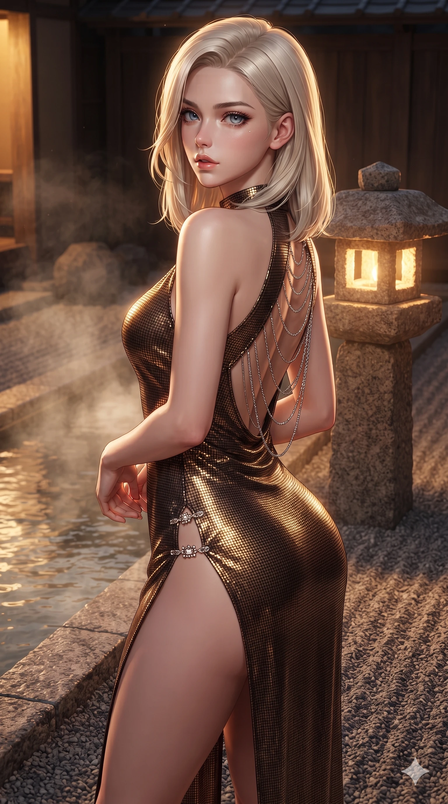 score_9, masterpiece, best quality, ultra-detailed, high-budget anime keyframe, editorial fashion photography, tasteful artistic composition, Caucasian woman. close-up cowboy shot from the waist and thighs up, the character dominates the composition, filling the frame with her large presence. posing in an alluring rear three-quarter angle, looking over a bare shoulder with parted glossy lips, her hips cocked back to highlight her slim hourglass curve while standing poised beside the steaming thermal spring channel, arching her spine with ethereal siren poise as warm stone lantern light washes over her. The surrounding environment is rendered in vivid detail and crisp panoramic clarity: sharp gravel rake lines, rough-hewn granite lantern textures, and crisp water ripple edges in deep focus. She has an exceptionally elegant, slender, and willowy female figure with an ultra-slim waist, flat toned midriff, narrow ribcage, and sculpted feminine hips creating an alluring, slim hourglass silhouette without bulk. sharp v-shaped jawline, high-bridge nose, intricate jewel-like sparkling eyes with depth, thick eyelashes, glossy parted lips with a natural sheen, intensely captivating and seductive bedroom-eyes expression, exuding both youthful cute charm and sovereign luxury allure, flawlessly proportioned anatomical accuracy, strict slender model proportions, natural body alignment, perfectly sculpted long slender limbs, ultra-slim waistline, clean dynamic posture without body distortion. wearing an alluring high-slit wrap cheongsam secured by miniature jeweled clasps and revealing the curve of her hip in dark espresso brown and molten gold foil, crafted from stretch micro-mesh with liquid foil coating that shimmers with every movement, accented with an open-back drape framed by falling strands of delicate chrome chains, the liquid-tight tailored fabric clinging flawlessly to her narrow waist and rounded feminine hips, emphasizing every millimeter of her sculpted slim hourglass curves without any bulky heaviness. illuminated by water reflection bounce and sharp amber-gold rim lights sculpting her razor-sharp jawline, narrow waist, and curvy hips. ultra-reflective glossy finish, specular highlights, rich textural contrasts, high-contrast stereoscopic depth, volumetric dynamic lighting, 2k, ultra detail, master piece, 9:16 ratio