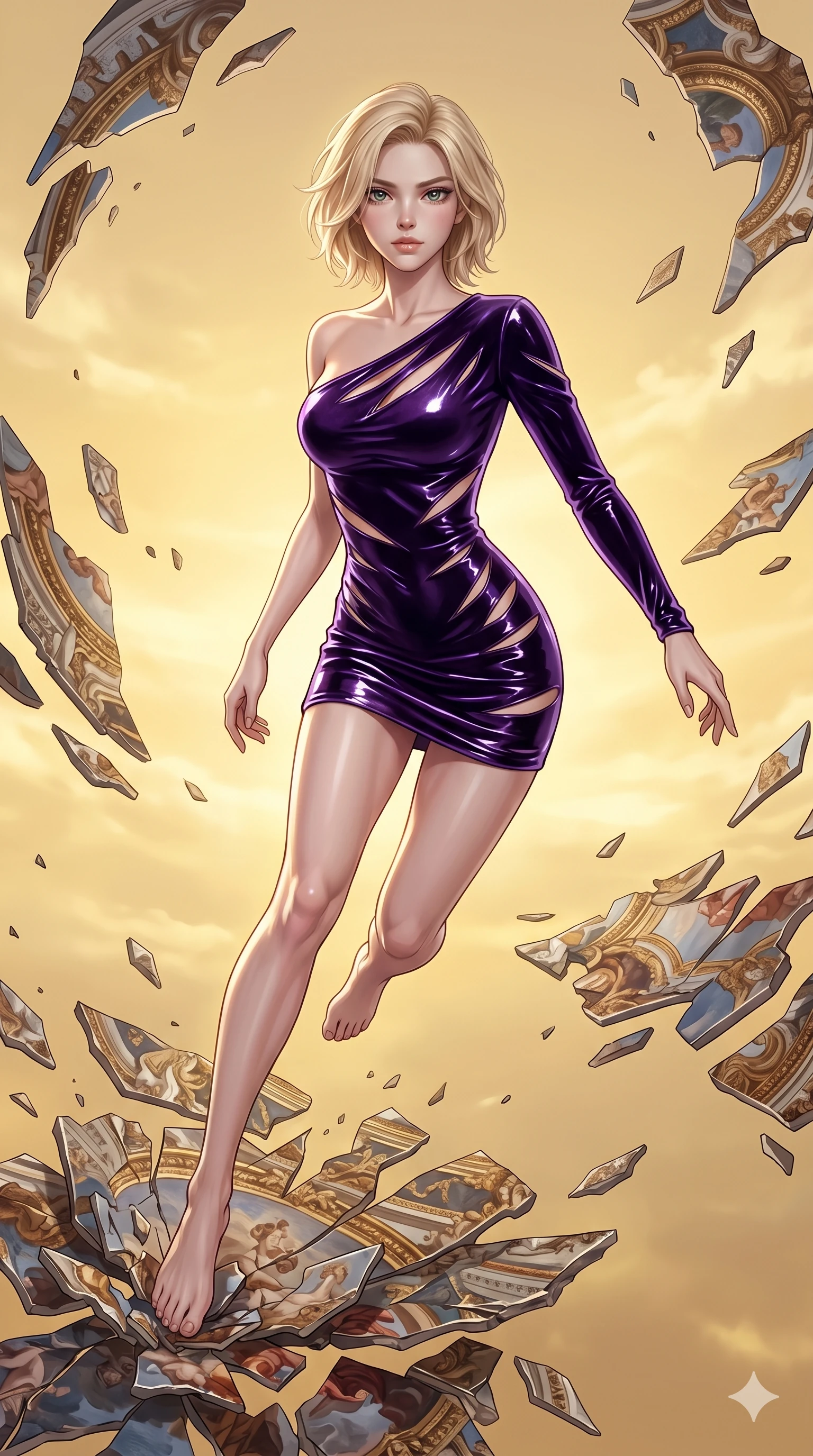 score_9, masterpiece, best quality, ultra-detailed, high-budget anime keyframe, Korean woman. upper body close-up from the thighs up, character filling the screen for maximum presence. propelling herself off digital baroque ceiling fresco shards that float and reassemble in a golden sky. She has an absolutely perfect 8-heads proportion, an exceptionally tall and slender female figure with impossibly long slender legs and an ultra-slim waist. V-shaped jawline, high-bridge nose, intricate jewel-like eyes with depth, thick eyelashes, glossy lips with a natural sheen.. wearing an asymmetric liquid velvet slip dress, featuring a wet-look deep purple velvet one-shoulder mini slip with slanted slashed cutouts. lit by a soft glowing ambient light and a sharp side key light that traces the sleek contours of her athletic build. 2k, ultra detail, master piece, 9:16 ratio