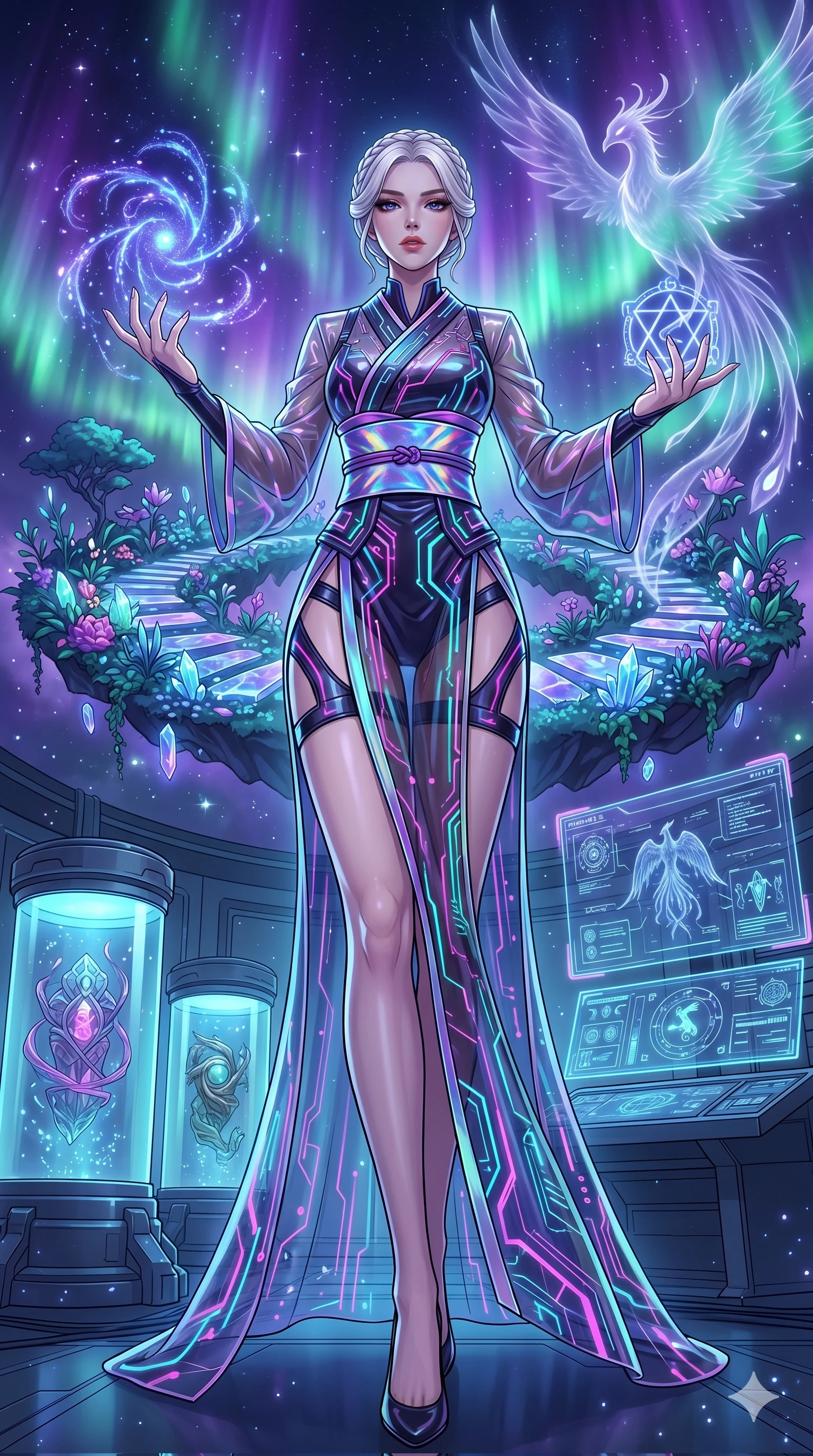 score_9, masterpiece, best quality, ultra-detailed, High-budget Anime Keyframe, vibrant colors, fluid line-art, expressive lighting, cinematic composition, Ufotable-style visual effects, top-tier animation quality, Korean woman with idol-like refined features. Dramatic low angle looking up at her majestic stature, dominating the vertical space of the composition. Summoning mystical ancient spirits in a floating celestial garden amidst a breathtaking aurora borealis that paints the sky in shades of violet and emerald. She has an absolutely perfect 8-heads proportion, an exceptionally tall and slender female figure with impossibly long slender legs and an ultra-slim waist, her statuesque height and towering silhouette dominating the vertical 9:16 frame. Her face is a masterpiece featuring a sharp v-shaped jawline, high-bridge nose, intricate jewel-like eyes with depth, thick eyelashes, and glossy lips with a natural sheen. She is wearing a High-slit tech-kimono with holographic obi and integrated neon-lit circuitry patterns crafted from Transparent PVC with a high-gloss finish that reveals the intricate layers beneath, with integrated neon-lit tactical gear and suggestive cutouts on the thighs. The scene is set in a high-tech research laboratory with glowing glass tanks and complex holographic interfaces, illuminated by flickering starlight and nebula glow providing a mystical and vast ambiance. 2k, ultra detail, master piece, 9:16 ratio