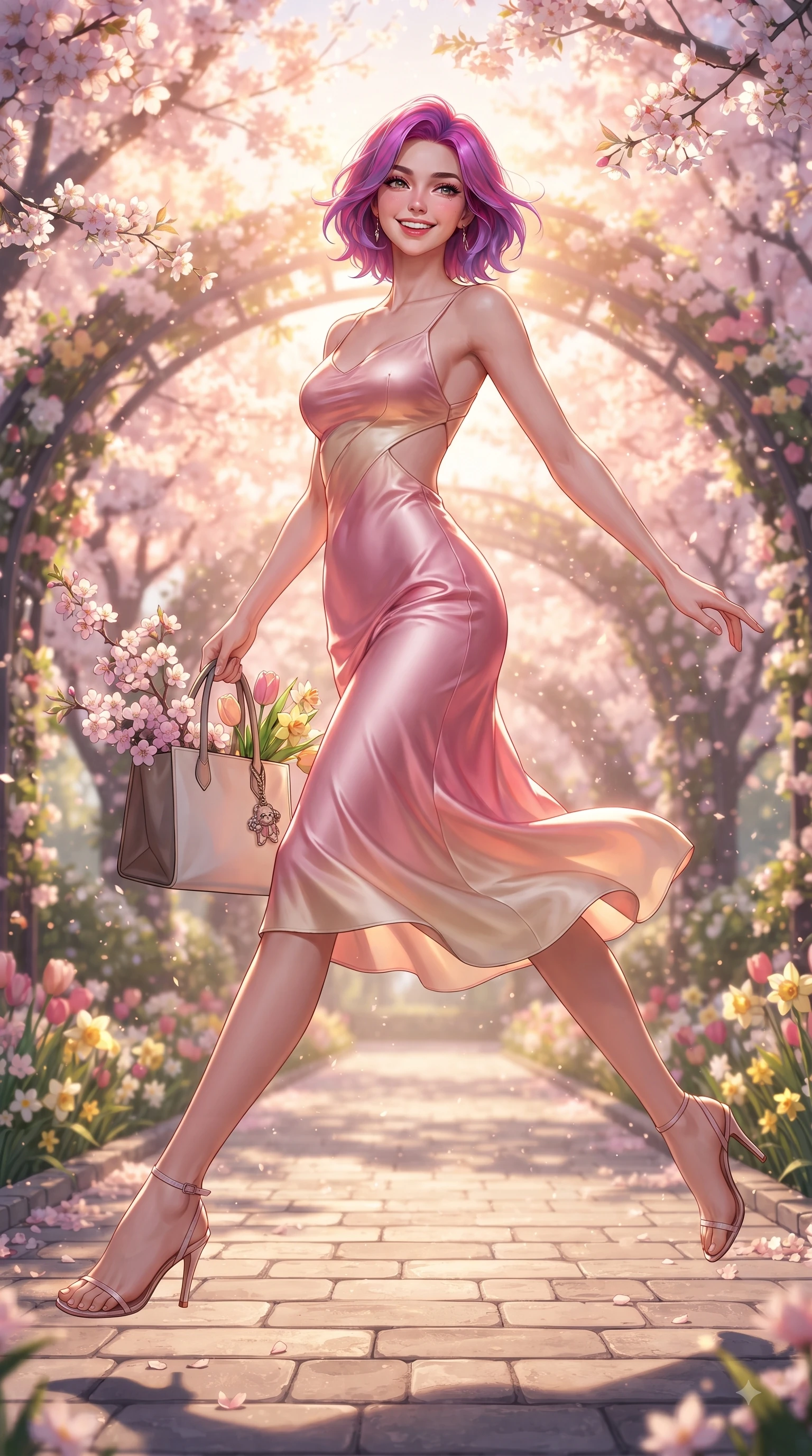 score_9, masterpiece, best quality, ultra-detailed, high-budget anime keyframe, editorial fashion photography, tasteful artistic composition, Caucasian woman. low angle full-body shot from head to toe showing her feet, filling the entire 9:16 vertical frame with her statuesque presence, stretching her vertical silhouette. leaping with pure youthful energy through the scene with a radiant bright smile, her long slender legs balanced gracefully while stepping along a paved park trail carrying a tote bag with fresh youthful charm. The surrounding environment is rendered in vivid detail and crisp panoramic clarity. vibrant spring sunlight scattering through blooming flower arches with high clarity. She has an absolutely perfect, statuesque 8.5-heads proportion, an exceptionally tall and slender model-like female figure with impossibly long slender legs and an ultra-slim waist. sharp v-shaped jawline, high-bridge nose, intricate jewel-like eyes with depth, thick eyelashes, glossy lips with a natural sheen, flawlessly proportioned anatomical accuracy, natural body alignment, perfectly sculpted elegant limbs, clean dynamic posture without body distortion. wearing a precision-fitted liquid satin slip dress with fluid draped lines and an open back in bright cherry blossom pink and champagne, crafted from smooth liquid silk satin, complemented by clean architectural cutouts along her slender torso, the glove-like fit emphasizing her statuesque silhouette during motion. bathed in bright morning sunbeams and warm golden sakura backlighting. ultra-reflective glossy finish, specular highlights, metallic sheen, high-contrast stereoscopic depth, volumetric dynamic lighting, 2k, ultra detail, master piece, 9:16 ratio