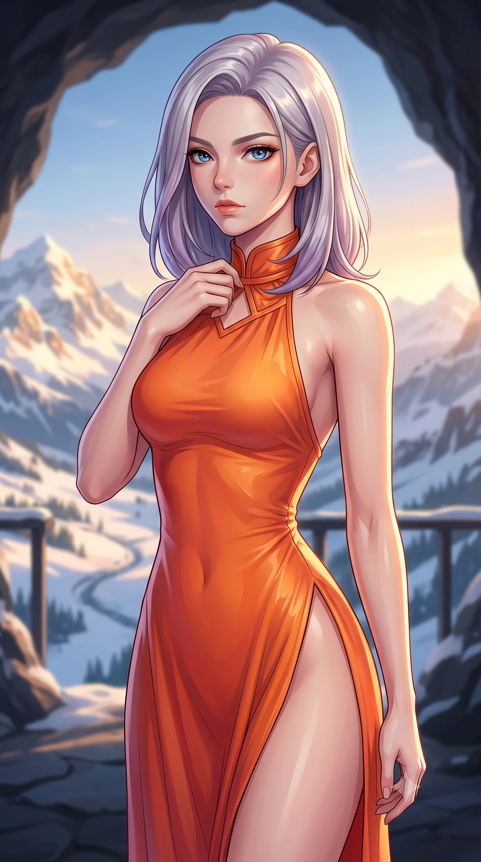 score_9, masterpiece, best quality, ultra-detailed, high-budget anime keyframe, editorial fashion photography, tasteful artistic composition, Caucasian woman. close-up cowboy shot from the waist and thighs up, the character dominates the composition, filling the frame with her large presence, background elements kept in soft focus. adjusting the high collar of her body-hugging suit, looking past the camera with quiet, sharp focus and a composed expression, the background shows a soft-focus a cave balcony overlooking a snowy mountain valley at dawn. She has an exceptionally elegant, slender, and willowy female figure with an ultra-slim waist, a gracefully sculpted slender torso, and a refined silhouette. sharp v-shaped jawline, high-bridge nose, intricate jewel-like eyes with depth, thick eyelashes, glossy lips with a natural sheen. wearing a form-contouring high-slit space combat gown in sunset orange chiffon, featuring a daring thigh-slit and an open-back design. bright morning alpine sun highlighting white snow in vivid gold tones. highly saturated vibrant anime colors, detailed shading with soft gradients, rich glossy textures, high-contrast stereoscopic depth, volumetric dynamic lighting, master piece, 9:16 ratio