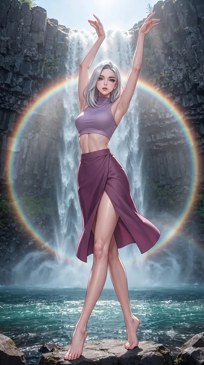 score_9, masterpiece, best quality, ultra-detailed, high-budget anime keyframe, editorial fashion photography, tasteful artistic composition, Korean woman. low angle full-body shot from head to toe showing her feet, filling the entire 9:16 vertical f