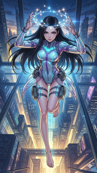 score_9, masterpiece, best quality, ultra-detailed, high-budget anime movie keyframe, cinematic anime lighting, intricate line art, Japanese anime girl. Extreme high angle shot as she leaps towards the camera, filling the frame. weaving a crown of st