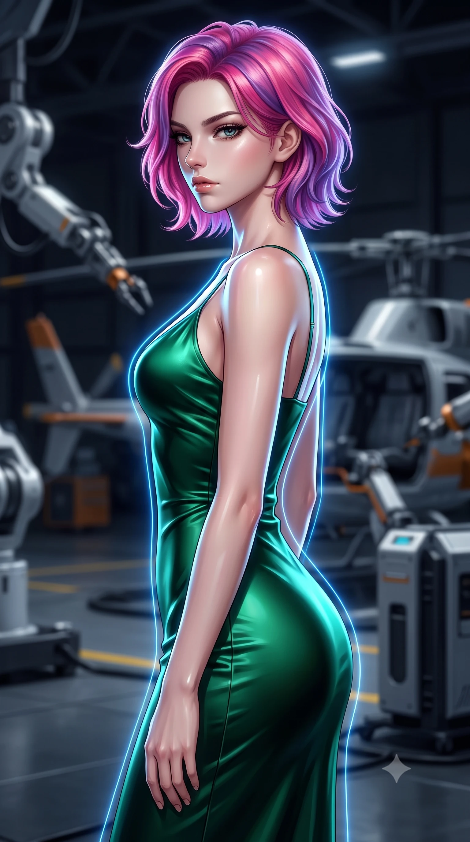 score_9, masterpiece, best quality, ultra-detailed, high-budget anime keyframe, editorial fashion photography, tasteful artistic composition, Caucasian woman. close-up cowboy shot from the waist and thighs up, the character dominates the composition, filling the frame with her large presence, background elements kept in soft focus. turning her face in sharp profile, casting a cold, mysterious, yet intensely alluring side gaze, the background shows a soft-focus an automated repair bay with mechanical arms and helicopter parts in a hangar. She has an exceptionally elegant, slender, and willowy female figure with an ultra-slim waist, a gracefully sculpted slender torso, and a refined silhouette. sharp v-shaped jawline, high-bridge nose, intricate jewel-like eyes with depth, thick eyelashes, glossy lips with a natural sheen. wearing a tailored form-contouring emerald green silk slip dress that hugs her slender waist and hips. glowing blue laser lines tracing her form with precision. ultra-reflective glossy finish, specular highlights, metallic sheen, high-contrast stereoscopic depth, volumetric dynamic lighting, 2k, ultra detail, master piece, 9:16 ratio