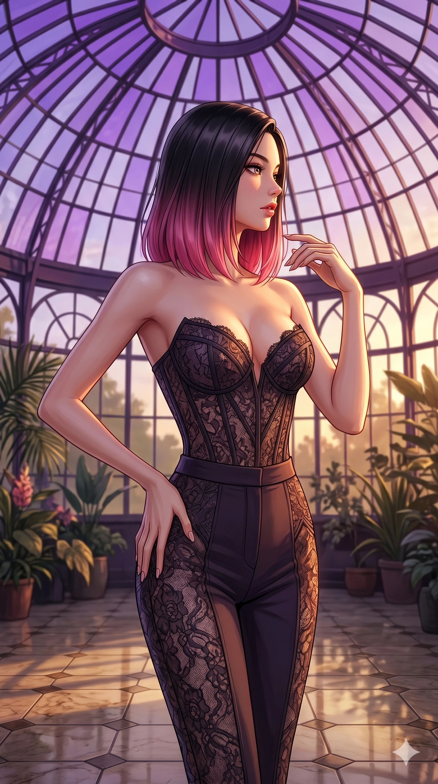 score_9, masterpiece, best quality, ultra-detailed, high-budget anime keyframe, editorial fashion photography, tasteful artistic composition, Korean woman. cowboy shot from the thighs up, character and outfit filling the frame for maximum editorial presence. standing in a sharp profile pose, her face turned to catch the light in a greenhouse under a purple glass dome (Code-P17-195). She has an absolutely perfect 8-heads proportion, an exceptionally tall and slender female figure with impossibly long slender legs and an ultra-slim waist. V-shaped jawline, high-bridge nose, intricate jewel-like eyes with depth, thick eyelashes, glossy lips with a natural sheen. wearing a structured lace corset with sweetheart neckline showing cleavage. bathed in warm golden hour sunset light, tracing the sleek contours of her athletic build. 2k, ultra detail, master piece, 9:16 ratio