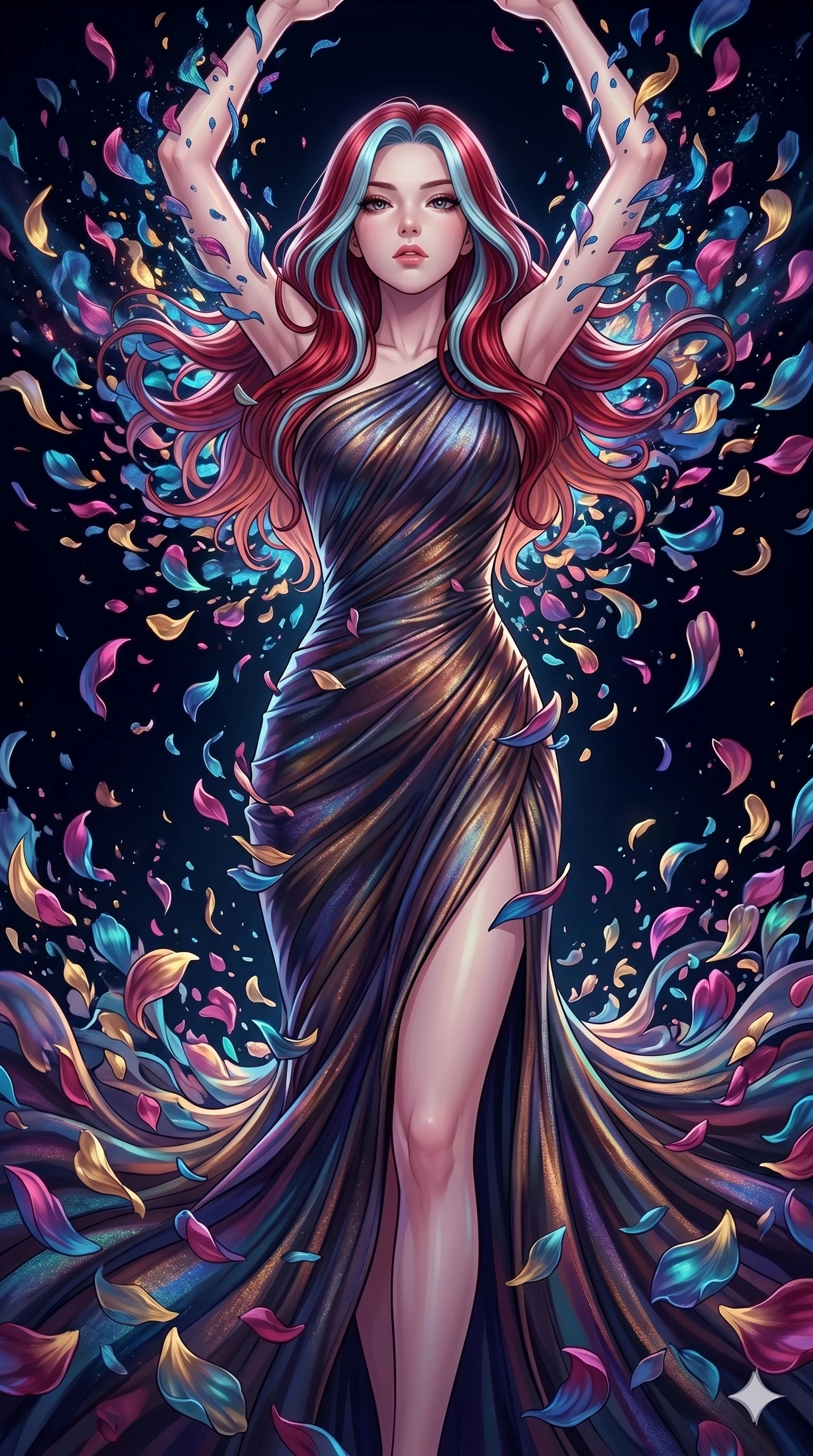 score_9, masterpiece, best quality, ultra-detailed, High-budget Anime Keyframe, East Asian woman. Low angle cowboy shot filling the entire 9:16 frame with her statuesque presence. Scenario 111: Dissolving into a cloud of iridescent silk petals in a void. Her presence is magnetic and overpowering in this high-budget anime scene. Outfit 111: A shimmering chiffon dangerous with a thigh-high slit and tight-fitting silhouette. The clothing is designed to emphasize her exceptionally tall and slender 8-heads proportion. 8-heads proportion, towering silhouette, ultra-slim waist. sharp v-shaped jawline, intricate jewel-like eyes with depth, thick eyelashes, glossy lips. 2k, ultra detail, master piece, 9:16 ratio