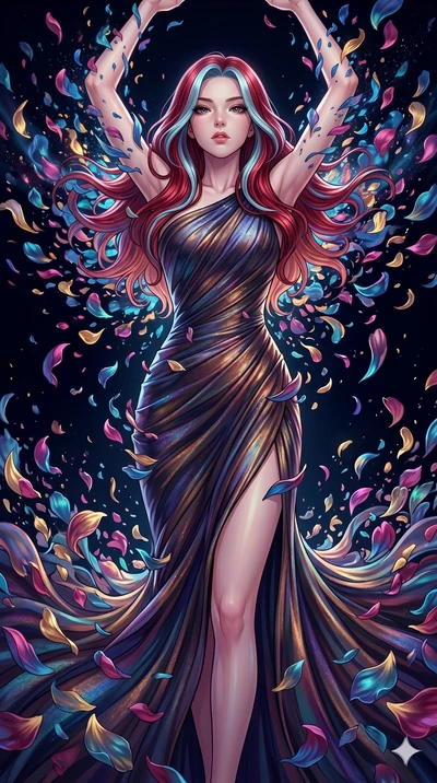 score_9, masterpiece, best quality, ultra-detailed, High-budget Anime Keyframe, East Asian woman. Low angle cowboy shot filling the entire 9:16 frame with her statuesque presence. Scenario 111: Dissolving into a cloud of iridescent silk petals in a v