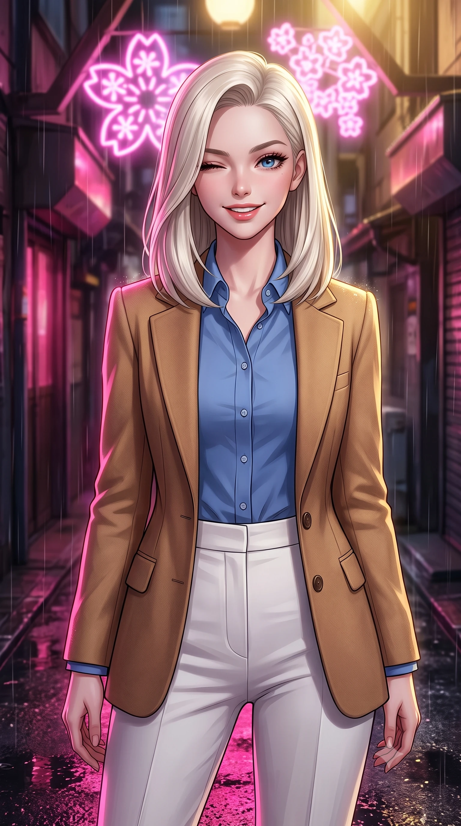 score_9, masterpiece, best quality, ultra-detailed, high-budget anime keyframe, editorial fashion photography, tasteful artistic composition, Caucasian woman, strictly human ears. close-up cowboy shot from the waist and thighs up, the character dominates the composition, filling the frame with her large presence, background elements kept in soft focus. Winking playfully with a cheerful grin and a lighthearted expression. set against a soft-focus background of in a narrow Tokyo-style alleyway at night during a rainstorm, with glowing pink neon cherry blossoms hanging above and wet asphalt below. She has an exceptionally elegant, slender, and willowy female figure with a highly-defined ultra-slim waist, a gracefully sculpted slender torso, and a refined slim-fit silhouette that contours her form. sharp v-shaped jawline, high-bridge nose, intricate jewel-like eyes with depth, thick eyelashes, glossy lips with a natural sheen. wearing a structured camel wool blazer over a French blue cotton button-down shirt and high-waisted white trousers. dramatic contrast of hot pink furnace glow from below and cool golden light from above. 2k, ultra detail, master piece, 9:16 ratio