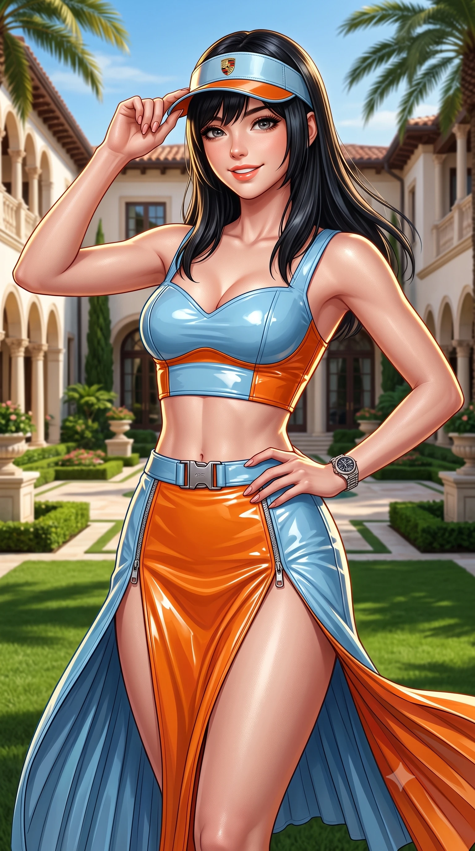 score_9, masterpiece, best quality, ultra-detailed, high-budget anime keyframe, semi-realistic 3D game render, editorial fashion photography, tasteful artistic composition, Caucasian woman. close-up cowboy shot from the waist and thighs up, the character dominates the composition, filling the frame with her large presence. tilting her head with a cute beaming smile while arching her spine with athletic poise, one hand adjusting her racing visor in a flirtatious S-curve while twisting her slender torso in an alluring contrapposto stance, Florida ocean breezes fluttering her pleated tennis skirt around her curvy hips. The surrounding environment is rendered in vivid detail and crisp panoramic clarity: detailed resort polo knit texture, glowing sun-tanned skin highlights, and Palm Beach estate architecture in high resolution. She has an exceptionally elegant, slender, and willowy female figure with an ultra-slim waist, flat toned midriff, narrow ribcage, and sculpted feminine hips creating an alluring, slim hourglass silhouette without bulk. sharp v-shaped jawline, high-bridge nose, sparkling eyes with athletic focus and depth, thick curled eyelashes, glossy parted lips with a natural coral-peach sheen, bright confident and coquettish smile with alluring bedroom-eyes, exuding both youthful sporty vigor and sovereign high-society glamour, flawlessly proportioned anatomical accuracy, strict slender model proportions, natural body alignment, perfectly sculpted long slender limbs, ultra-slim waistline, clean dynamic posture without body distortion. wearing a sweetheart-neckline athletic tennis bustier top paired with a curve-hugging high-slit track maxi skirt in vintage Porsche Gulf blue and vibrant race orange, made of high-gloss reflective patent leather with mirror-like specular highlights, finished with polished chrome zipper pulls and racing harness buckle hardware, the form-contouring athletic cut accentuating her sculpted flat midriff, narrow delicate ribcage, and gracefully curvy hips with supermodel precision. illuminated by green lawn bounce fill and sharp warm-gold rim lights defining her sculpted collarbones, ultra-slim waist, and curvy hips. highly saturated vibrant anime colors, detailed shading with soft gradients, rich glossy textures, high-contrast stereoscopic depth, volumetric dynamic lighting, master piece, 9:16 ratio