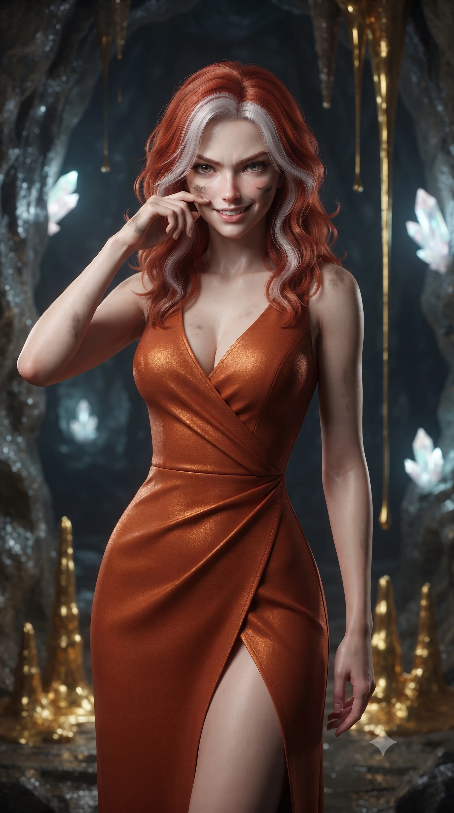 score_9, masterpiece, best quality, ultra-detailed, high-budget anime keyframe, editorial fashion photography, tasteful artistic composition, realistic cosplay photography, Caucasian woman, strictly human ears. close-up cowboy shot from the waist and thighs up, the character dominates the composition, filling the frame with her large presence, background elements kept in soft focus. Wiping a smudge of dust from her cheek with a confident, defiant grin. set against a soft-focus background of a stone cavern where thick liquid gold is dripping slowly from the ceiling, forming golden stalagmites. She has an exceptionally elegant and slender, willowy female figure with an ultra-slim waist, a gracefully sculpted slender torso, and a refined slim physique. sharp v-shaped jawline, high-bridge nose, intricate jewel-like eyes with depth, thick eyelashes, glossy lips with a natural sheen. wearing tailored for maximum mobility, sleek form-contouring panels that allow fluid movement, a form-contouring asymmetric wrap-front dress in burnt orange, featuring a deep neckline and a thigh slit. ethereal pearlescent light emanating from floating crystalline formations all around. ultra-reflective glossy finish, specular highlights, metallic sheen, high-contrast stereoscopic depth, volumetric dynamic lighting, 2k, ultra detail, master piece, 9:16 ratio