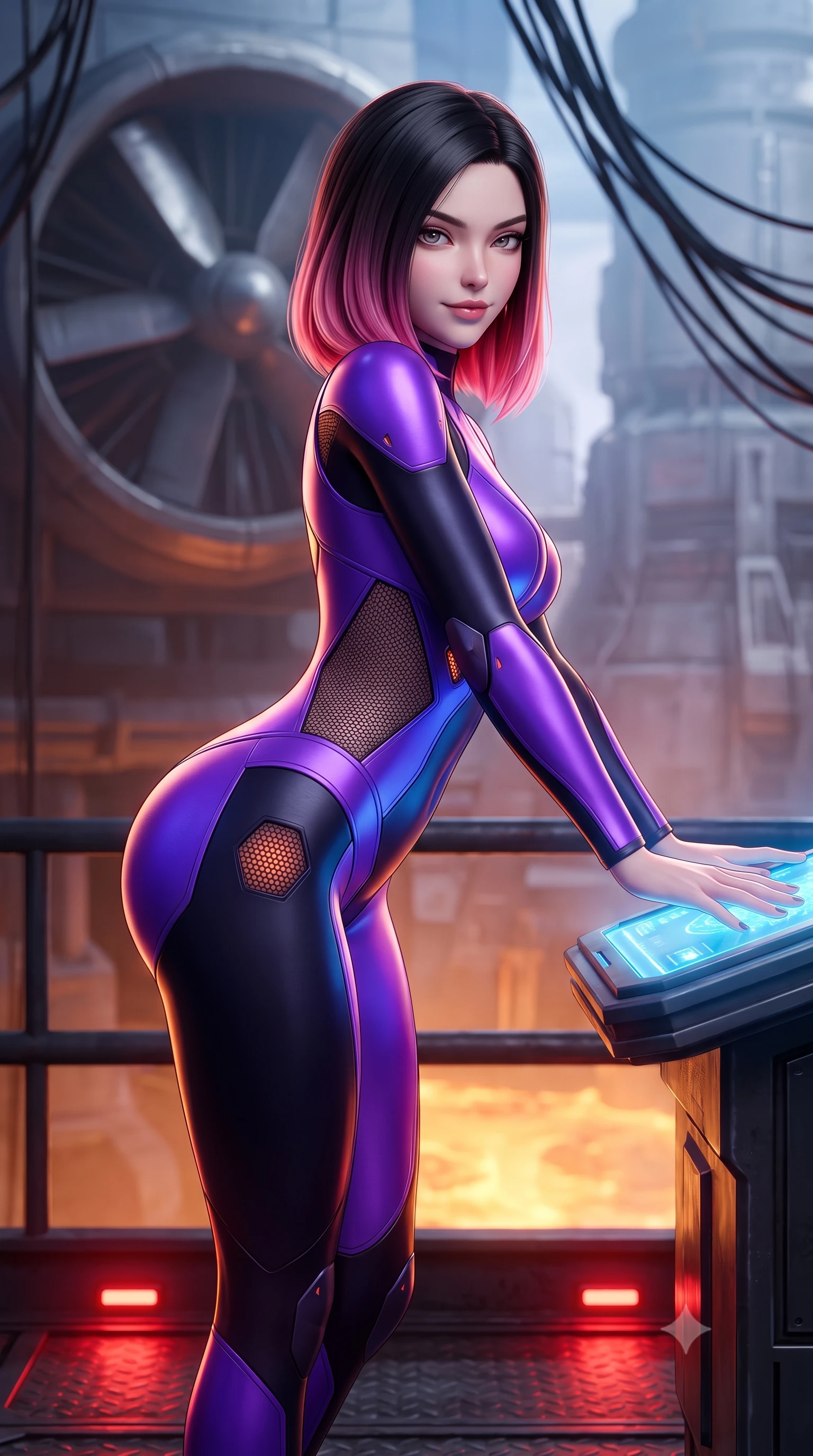score_9, masterpiece, best quality, ultra-detailed, high-budget anime keyframe, semi-realistic 3D game render, editorial fashion photography, tasteful artistic composition, Korean woman. close-up cowboy shot from the waist and thighs up, the character dominates the composition, filling the frame with her large presence. resting both hands lightly on the holoscreen pedestal while leaning toward the lens with a teasing smirk, her tight combat suit hugging her narrow waist and feminine hip curve while standing poised on a heavy steel catwalk suspended above the glowing geothermal reactor, arching her back with fearless supermodel poise. The background shows a soft-focus massive industrial ventilation fans and hanging power cables softened in monumental terraforming facility shallow focus. She has an exceptionally elegant, slender, and willowy female figure with an ultra-slim waist, flat toned midriff, narrow ribcage, and sculpted feminine hips creating an alluring, slim hourglass silhouette without bulk. sharp v-shaped jawline, high-bridge nose, intricate jewel-like sparkling eyes with depth, thick eyelashes, glossy parted lips with a natural sheen, bright confident smile with an enchanting and coquettish sensual glint, exuding both youthful magnetic charm and sovereign high-tech allure, flawlessly proportioned anatomical accuracy, strict slender model proportions, natural body alignment, perfectly sculpted long slender limbs, ultra-slim waistline, clean dynamic posture without body distortion. wearing a futuristic cut-out nano-suit with diamond-shaped side-torso mesh insets tracing her slim hourglass curves in neon electric violet and deep space obsidian, tailored from brushed aeronautical titanium alloy with matte satin sheen, accented with subtle hexagonal heat-sink vents glowing with dim orange thermal heat, the high-waisted tailoring accentuating her ultra-slim waistline and the enchanting curve of her feminine hips with alluring dark charm. illuminated by floor warning lights and sharp copper rim lighting sculpting her razor-sharp jawline, narrow waist, and curvy hips. highly saturated vibrant anime colors, detailed shading with soft gradients, rich glossy textures, high-contrast stereoscopic depth, volumetric dynamic lighting, master piece, 9:16 ratio